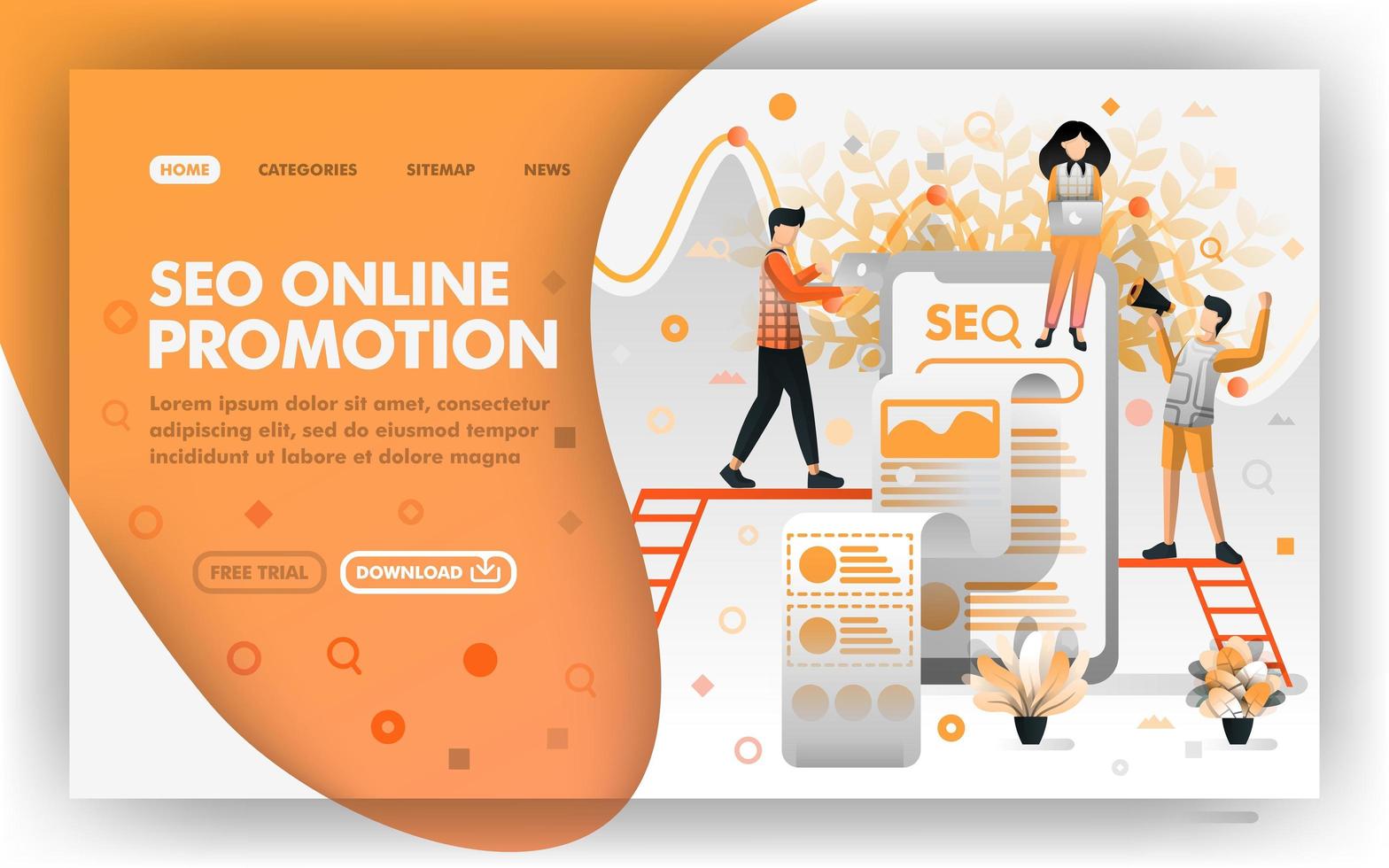 SEO Online Promotion Vector Web Concept. People optimizing promotion on search engine. Easy to use for website element, banner, landing page, brochure, flyer, print, mobile, app, poster, template, UI