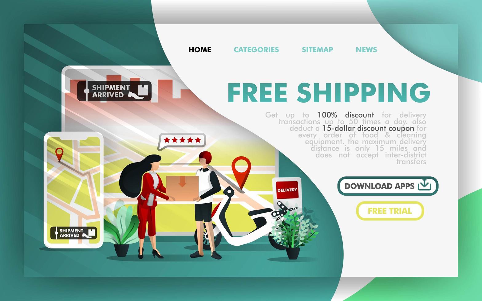 Free shipping Flat Vector Illustration Concept, courier service and online delivery order apps.  Easy to use for website, banner, landing page, brochure, flyer, print, mobile app, poster, template, UI