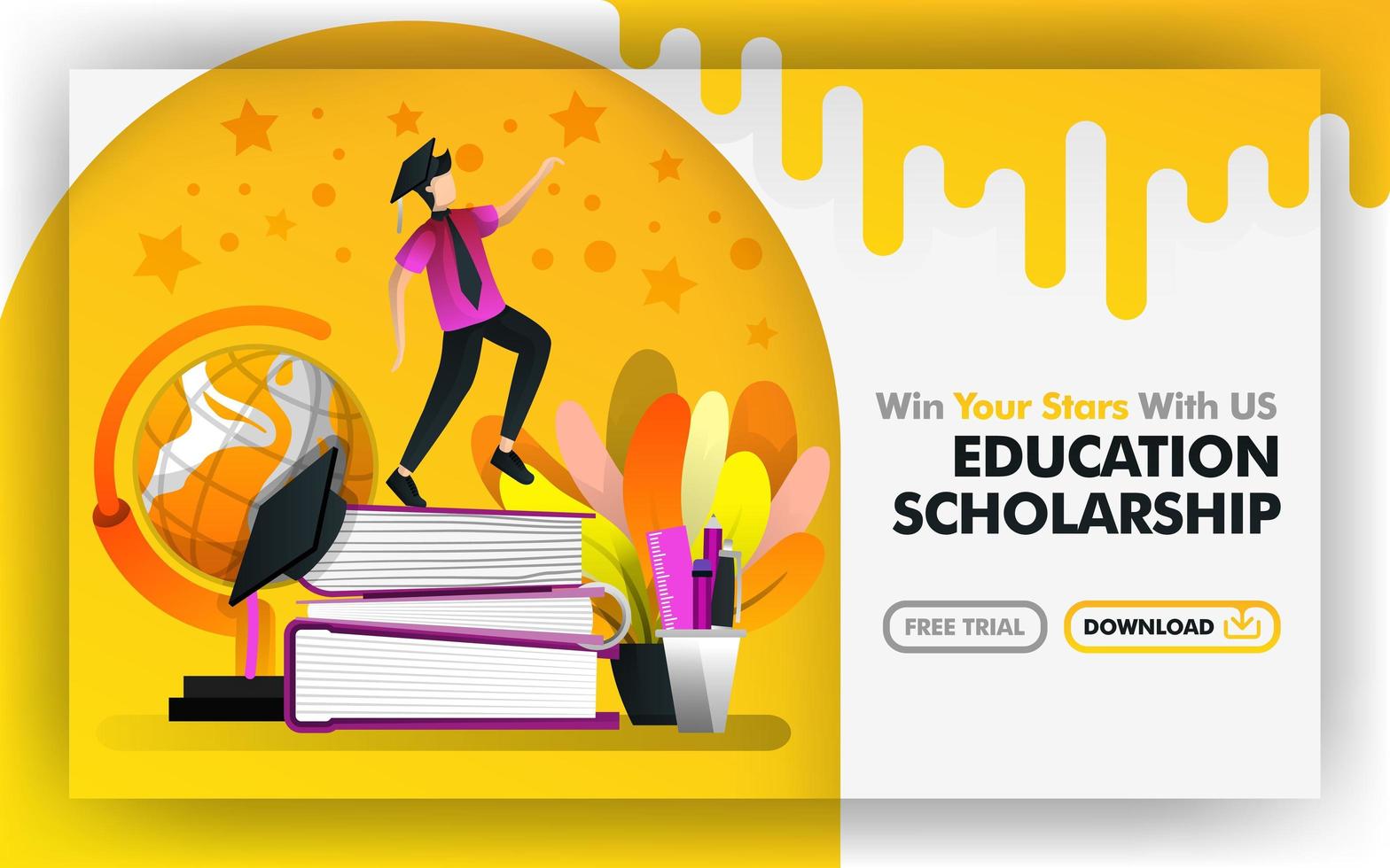 concepto de ilustración vectorial. Sitio web de banner amarillo sobre becas educativas. soltero intenta alcanzar las estrellas están rodeadas de globo y papelería. adecuado para impresión, en línea. estilo de dibujos animados plana vector