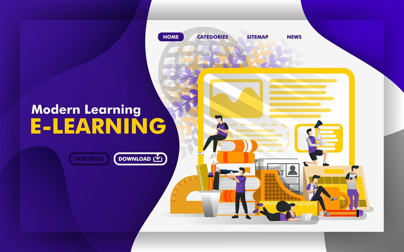 Vector illustration concept. websites about modern learning or e-learning. Group of students are studying in the middle of stationery. suitable for mobile apps, print , online, UI. Flat cartoon style
