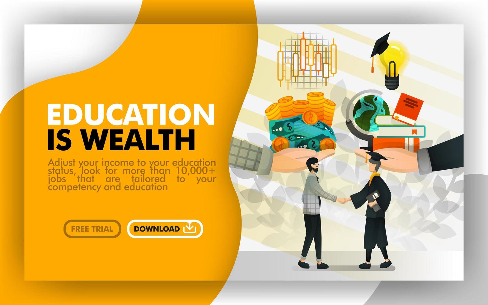 Vector illustration yellow and white banner website about education is wealth. Businessman exchanges money and stock into the service in return for knowledge, ideas, books and light bulb. Flat style