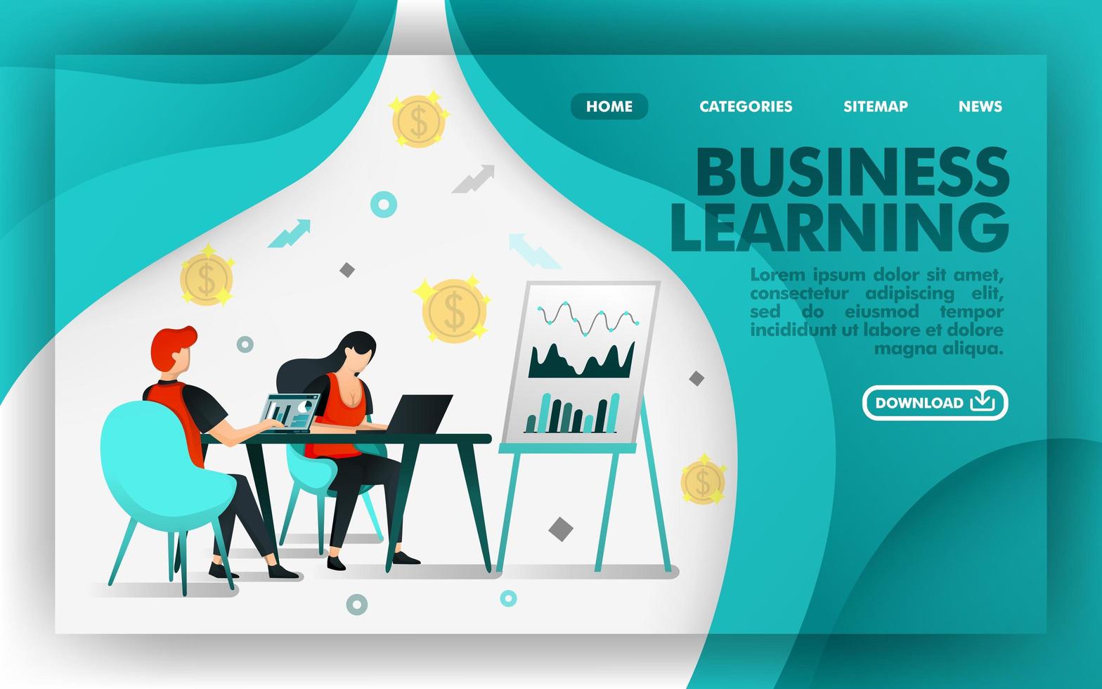 concepto de ilustración vectorial. banner de sitio web verde sobre aprendizaje empresarial, el trabajador aprende sobre el crecimiento de gráficos y ventas. adecuado para aplicaciones móviles, impresión, en línea, ui, póster, página, aplicación. estilo de dibujos animados plana vector