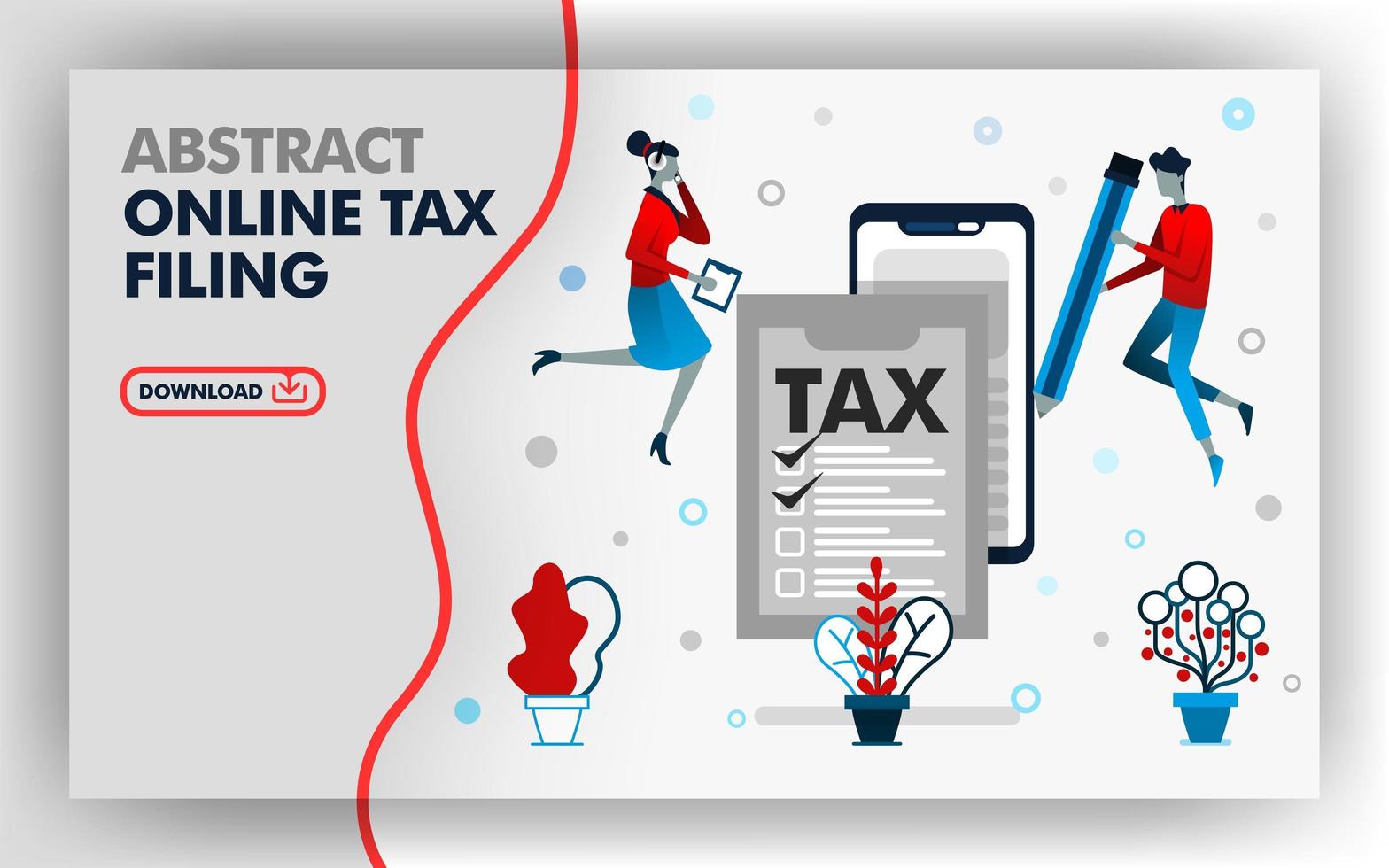 Vector abstract illustration website banner design in white with theme of online tax filing.  man holding a pencil to fill out tax form and woman was checking. suitable for all media. Flat cartoon style