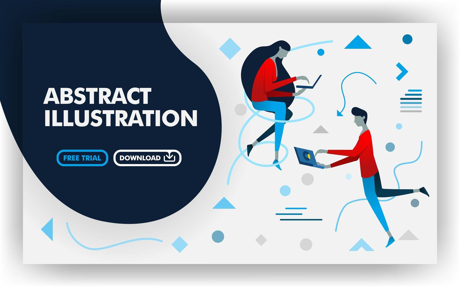 Vector abstract illustration banner website with white and dark blue. women and men working with laptop. suitable for websites, landing page, posters, print , online, presentation. Flat cartoon style