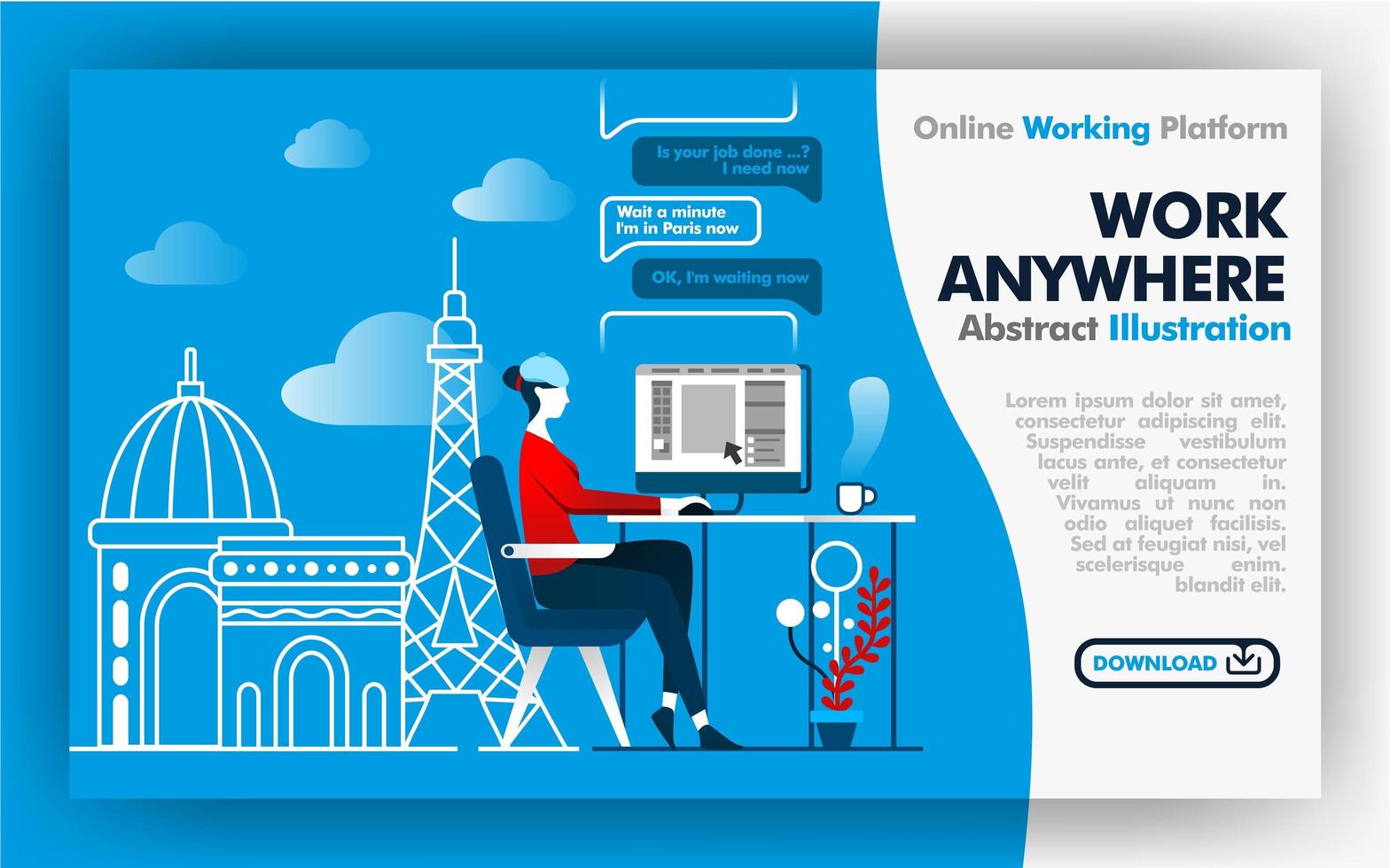 Vector abstract illustration blue and white banner web or poster design about work anywhere. female worker work while on vacation in France. Paris city backgrounds and effel tower. Flat cartoon style