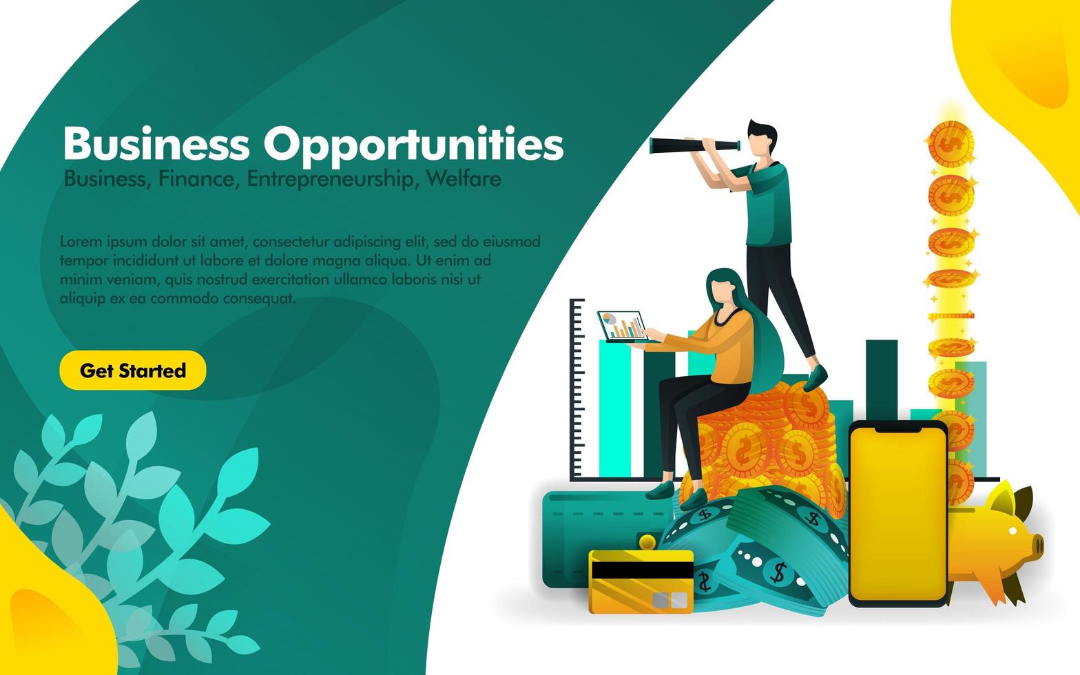 people are standing in piles of money and seeing business opportunities with binocular. can use for, landing page, ui, web, mobile app, poster, banner, flyer, promotion, marketing, finance, trading vector