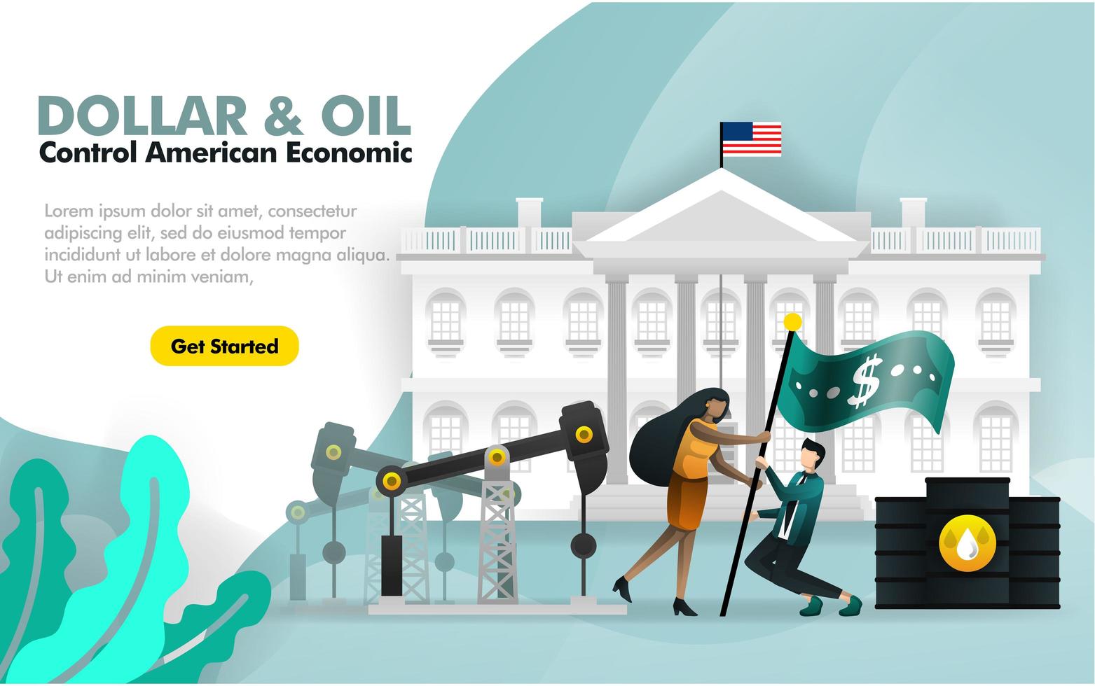 Dollar and oil control American economy. with white house background and two people flying dollar flag surrounded by oil refinery. can use for, landing page, template, web, mobile app, poster, banner vector