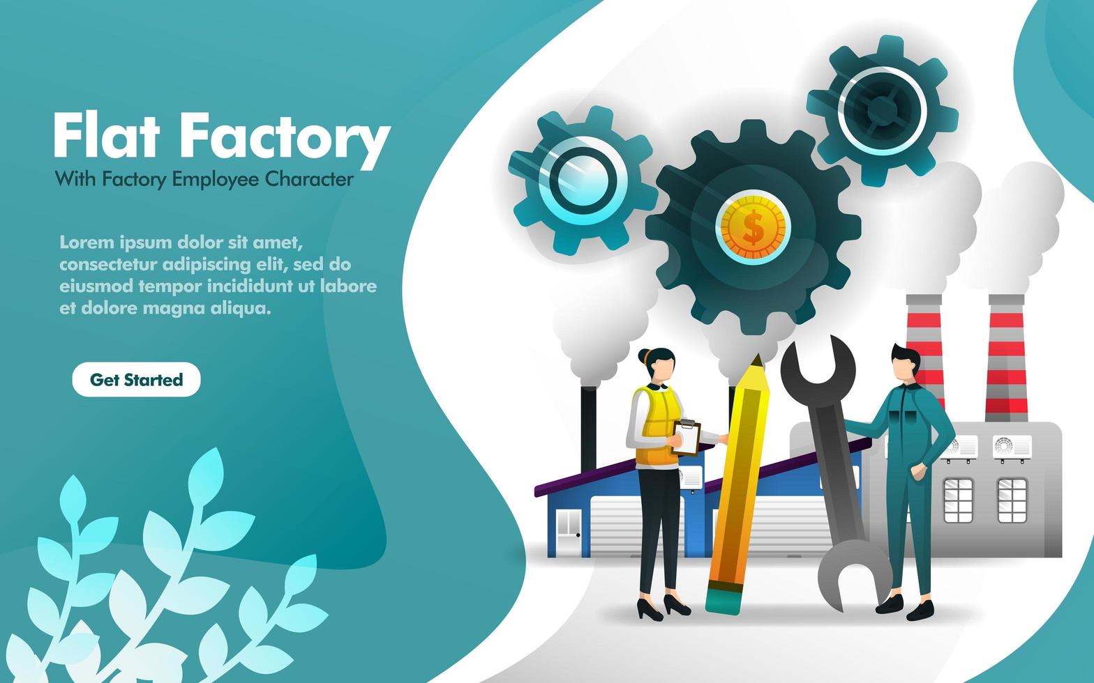 factory worker standing in front of the factory building in flat style. can use for, landing page, web, mobile app, poster, vector illustration, online promotion, internet marketing, finance, trading