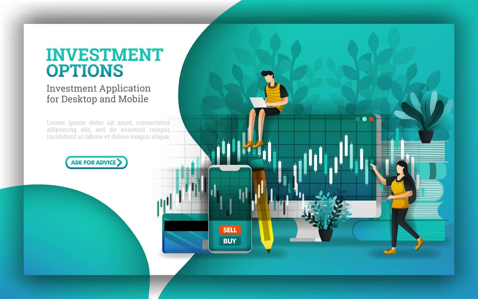 flat Illustrations for leading mutual fund companies provide options to answer how to invest money. investing for beginners with buy stocks uses strategies. expand your portfolio to increase capital. vector