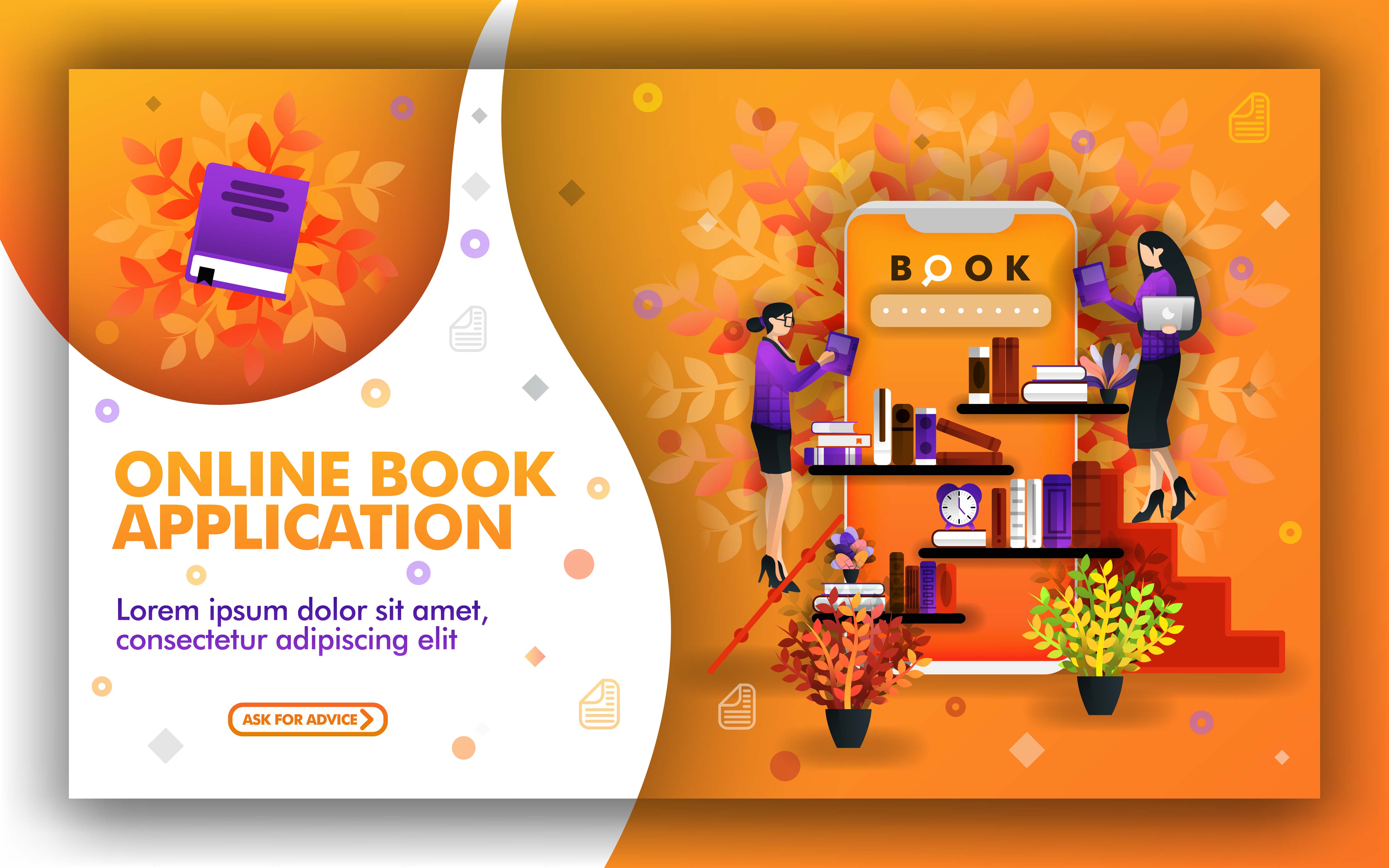 Vector illustration of online book application. technology helps find
