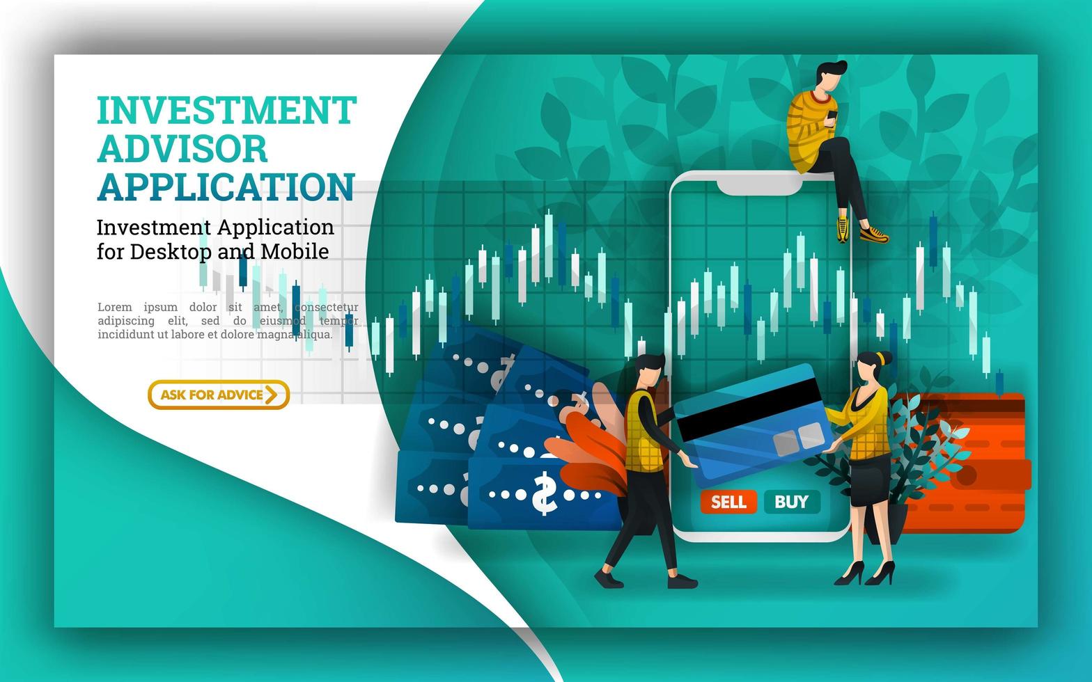 flat Illustrations of an investment account that provides advisor applications to facilitate investment management and find mutual funds companies and suggest the best stock market opportunities vector