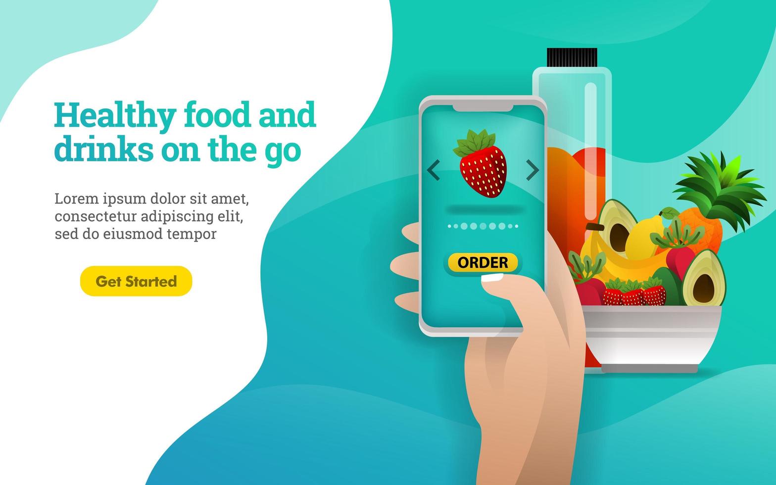 3D fruits. Healthy food and drinks on the go. people are ordering healthy fruits and vegetables with the application. can use for, landing page, web, mobile app, online promotion, internet marketing vector