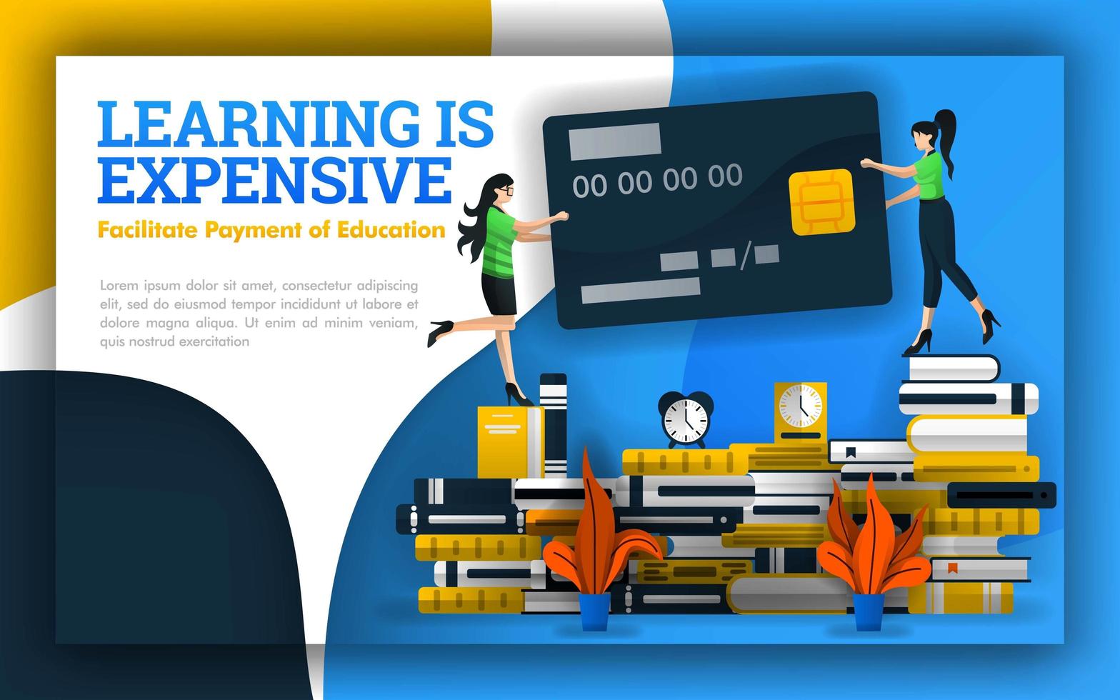 illustration of learning is expensive. students holding credit cards on piles of books. fees for general education, universities, elementary education, daily education schooling for online learning vector