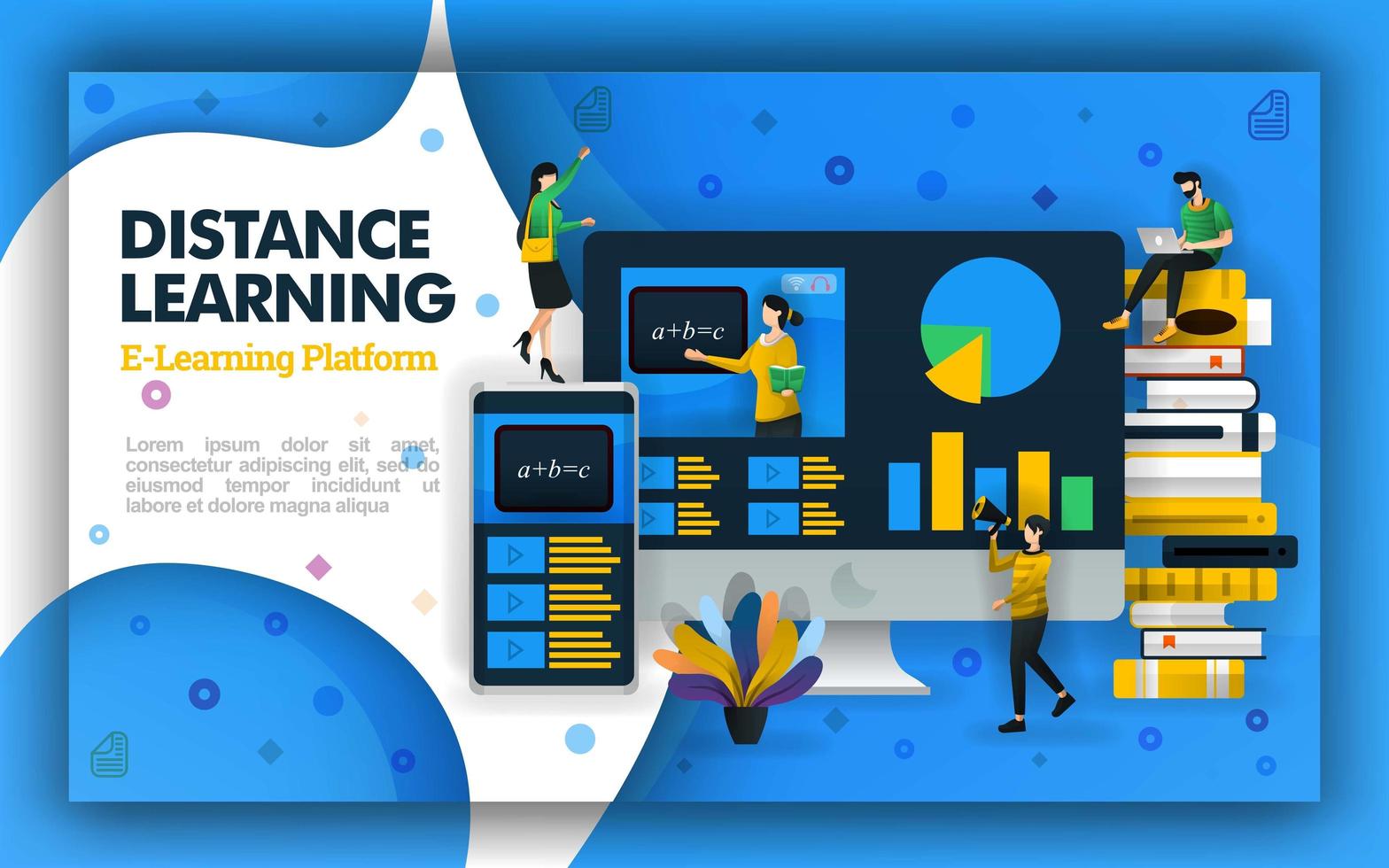 Vector distance learning technology illustration. Internet based school education and learning videos. distance learning technology supports open learning, public schools and learning processes focus