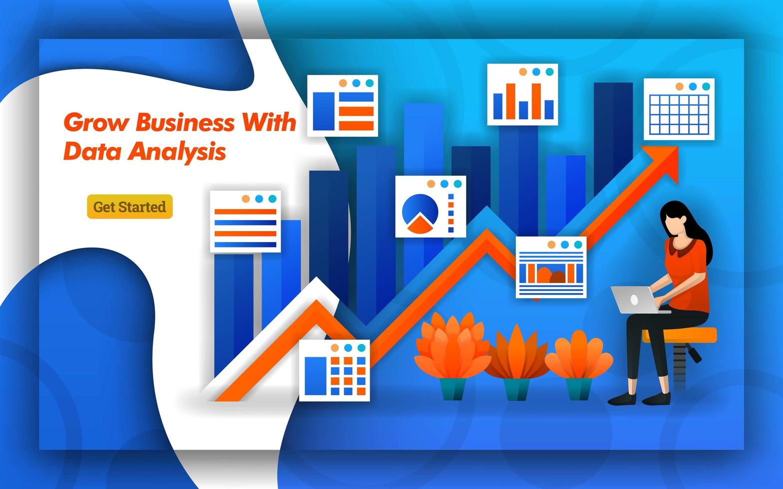 Illustration of Grow Business with data analysis. up arrow indicates sales and trafic. Professional accounting provide virtual bookkeeping services for all accounting service basics. Flat vector style