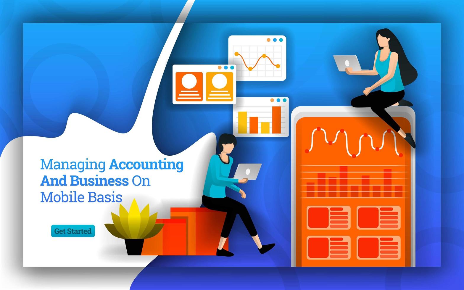 Accounting statistics simplified to managing accounting and Business on Mobile basis. bookkeeping software and apps makes it easy for personal and home business to manage accounting. Flat vector style