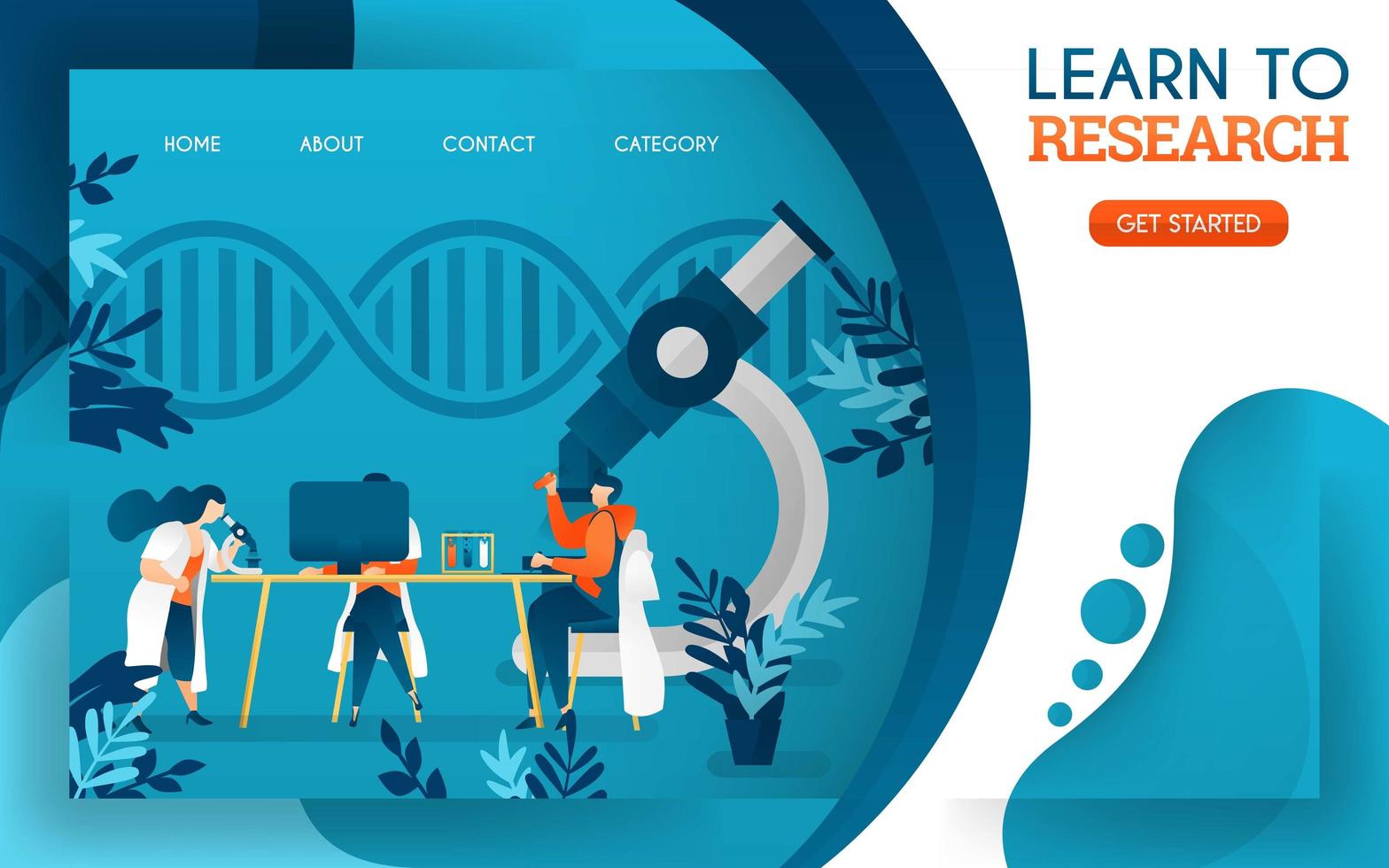 young doctors are studying research with the help of computers and microscopes. flat cartoon vector illustration