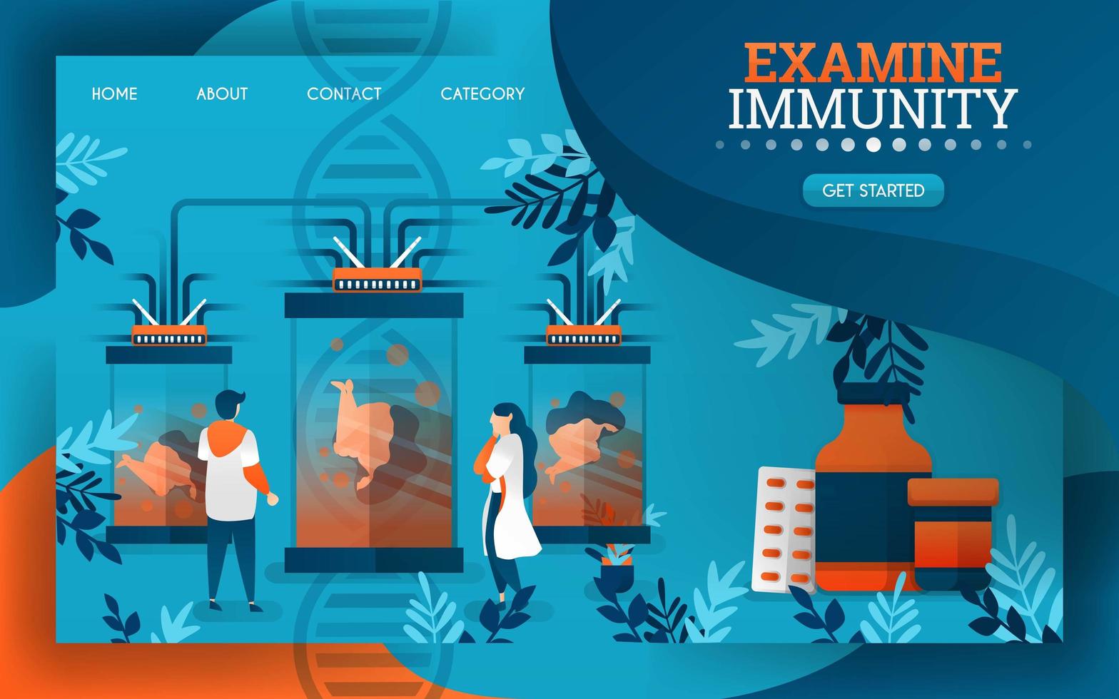 scientists are examining and examining the immune system of the human body. flat cartoon vector illustration