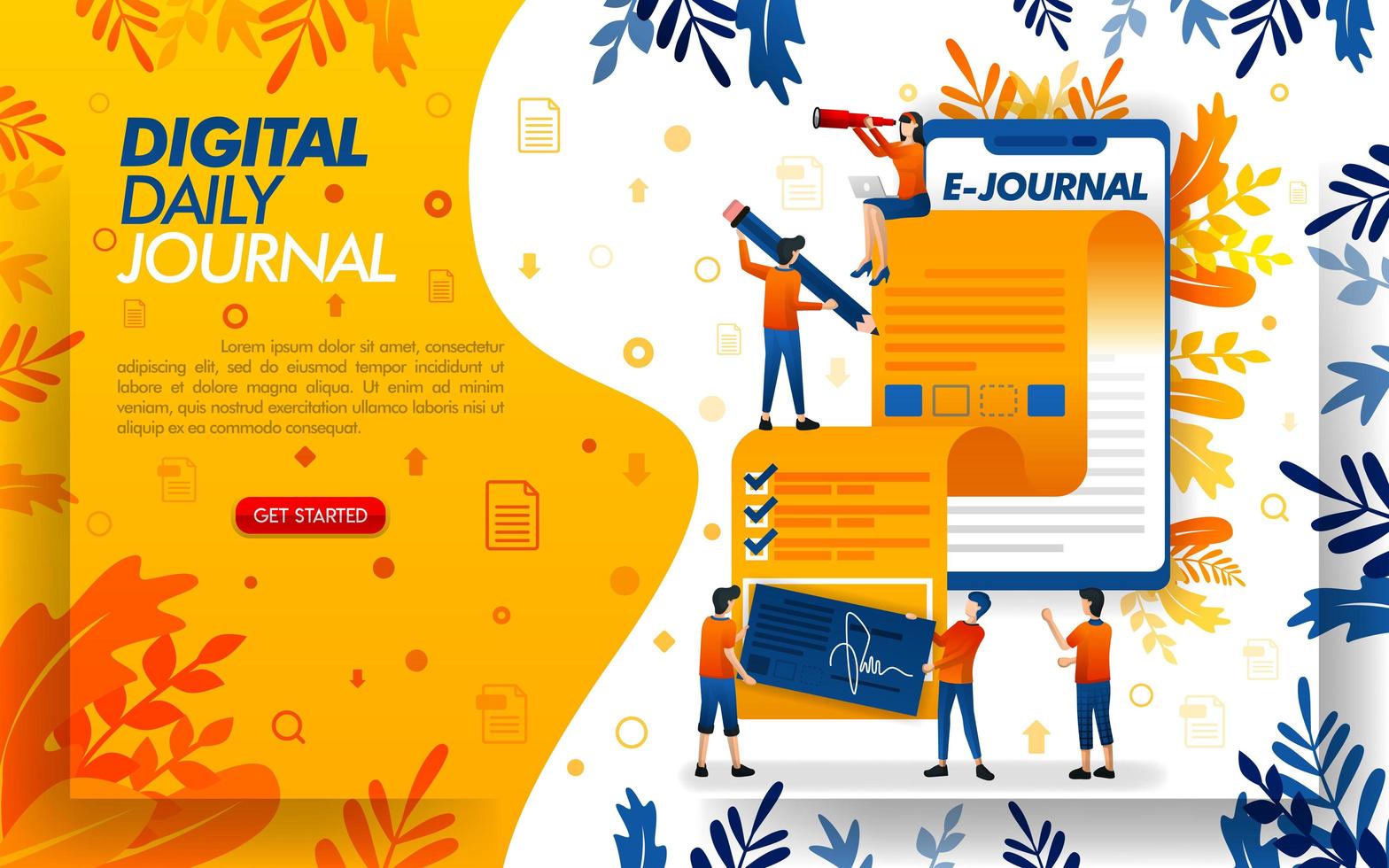 la aplicación escribe una revista para periodismo, escribe una revista o artículo con teléfono inteligente, ilustración vectorial de concepto. se puede utilizar para, página de destino, plantilla, interfaz de usuario, web, aplicación móvil, póster, banner, flayer vector