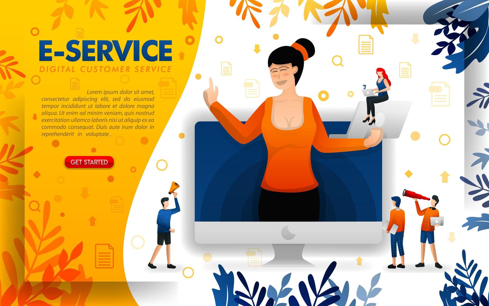 women serve customers with digital service technology. e-service to service online startup businesses, concept vector ilustration. can use for, landing page, template, ui, web, mobile app, poster