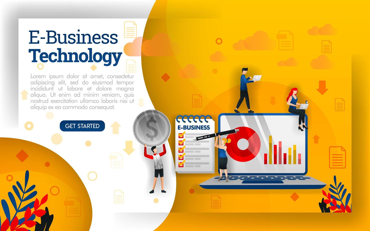 e-business with the latest technology, flat cartoon character team work in business, concept vector ilustration. can use for, landing page, template, ui, web, mobile app, poster, banner, flyer