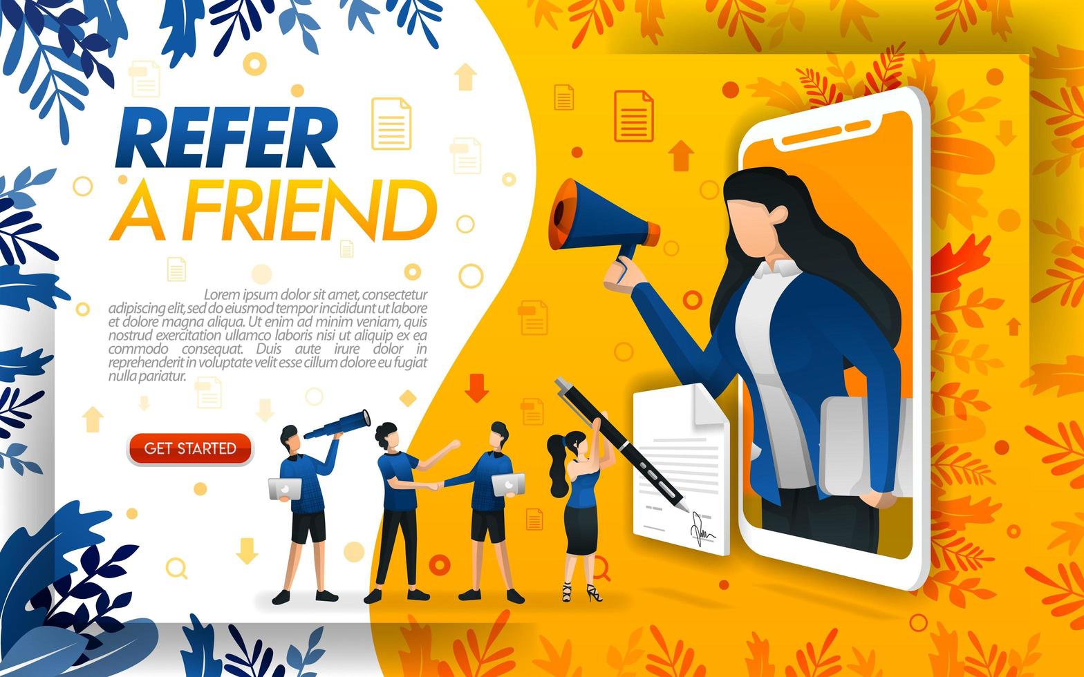 Woman came out of the smartphone and held the megaphone while shouting, for the concept of refer a frined. concept vector ilustration. can use for, page, ui, web, mobile app, poster, banner, flayer