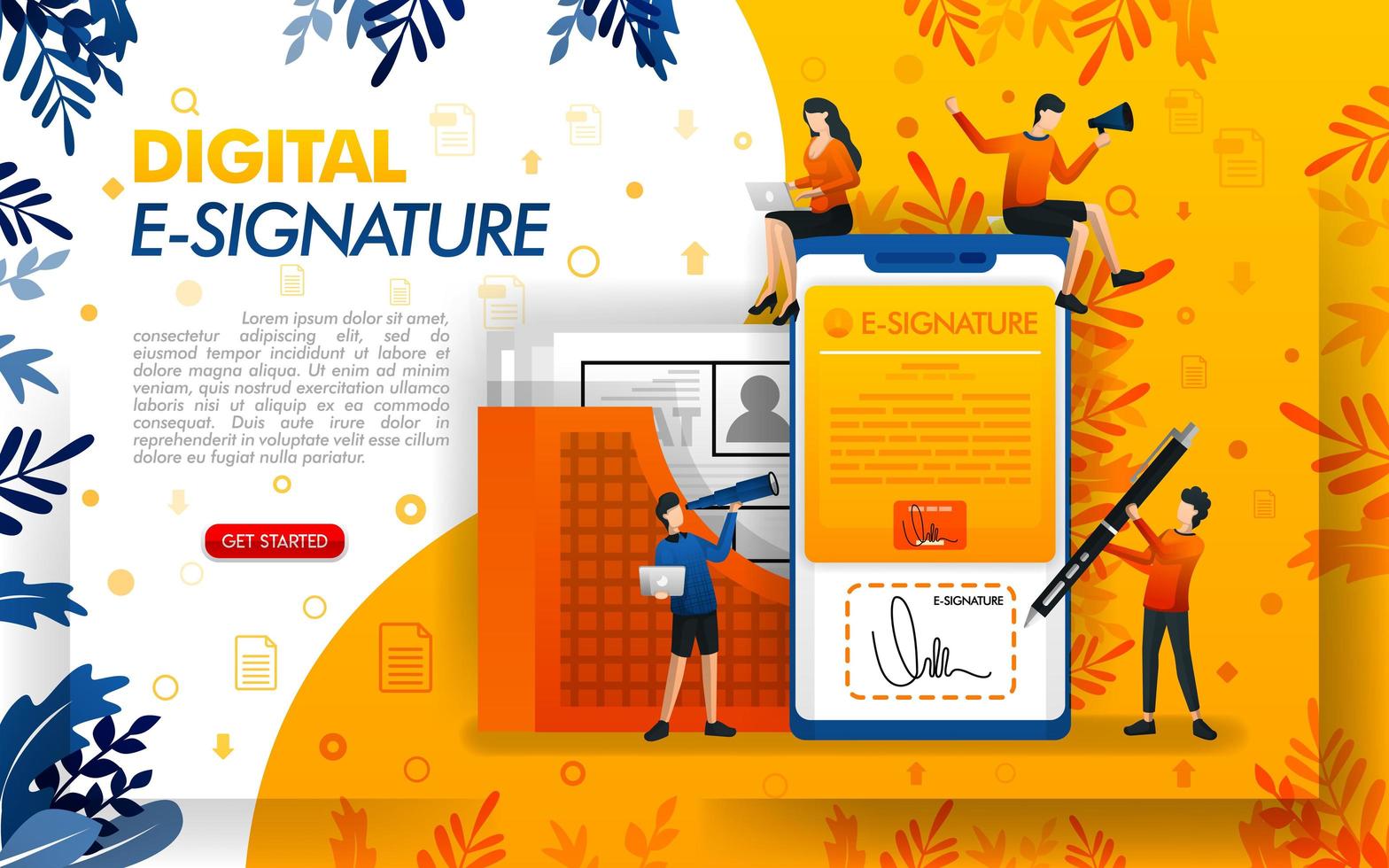 firma digital para la seguridad de los documentos. firmas electrónicas para fines comerciales y acuerdos, ilustración vectorial de concepto. se puede utilizar para, página de destino, plantilla, interfaz de usuario, web, aplicación móvil, póster, banner vector