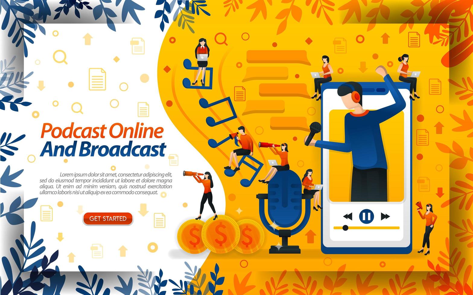 Online influencer and broadcast streamer. live podcast or online radio for smartphone, concept vector ilustration. can use for landing page, template, ui, web, poster, banner, flyer, document, website
