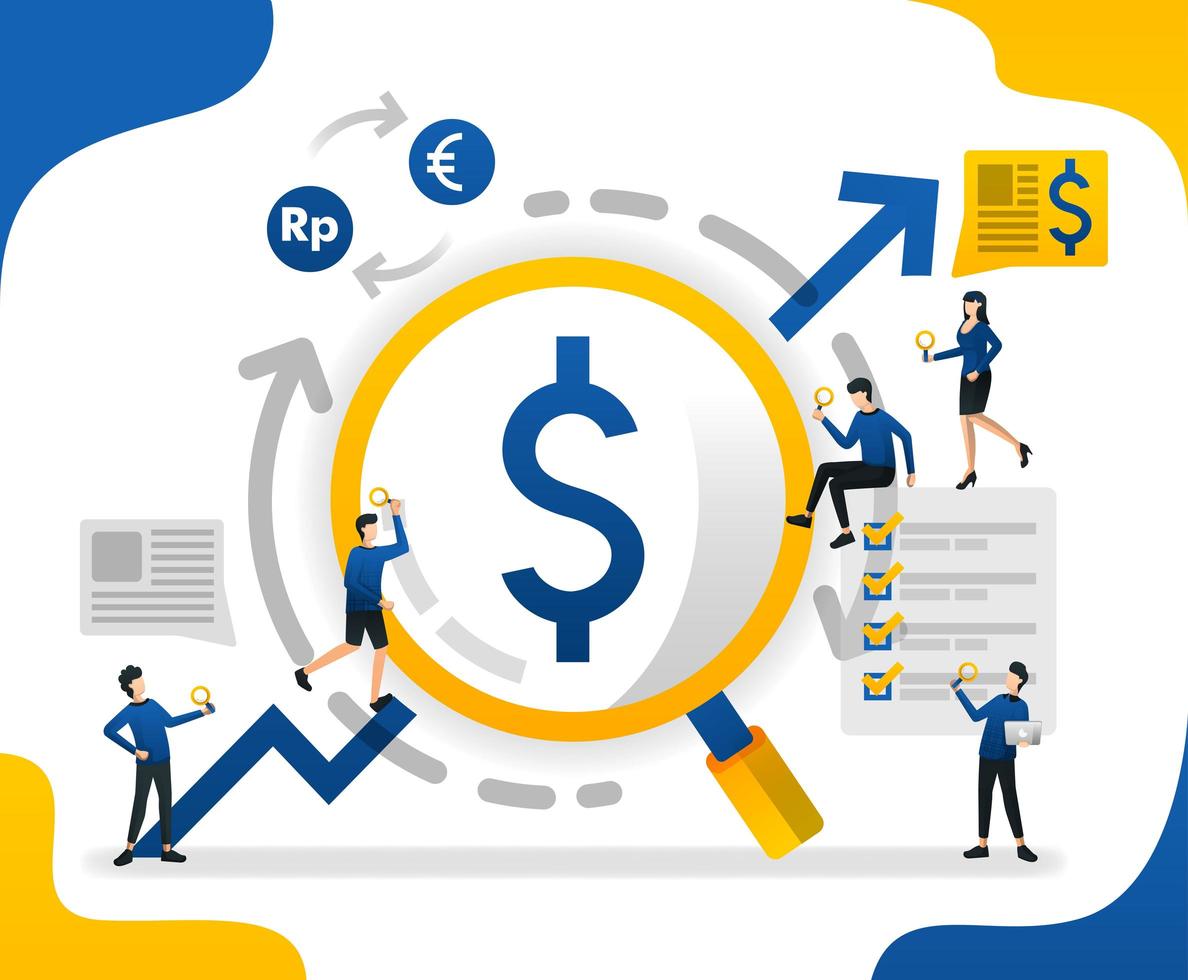 Looking for profit with a magnifying glass. up arrow or increased profit, concept vector illustration. can use for landing page, template, web, mobile app, poster, banner, flyer, background, website