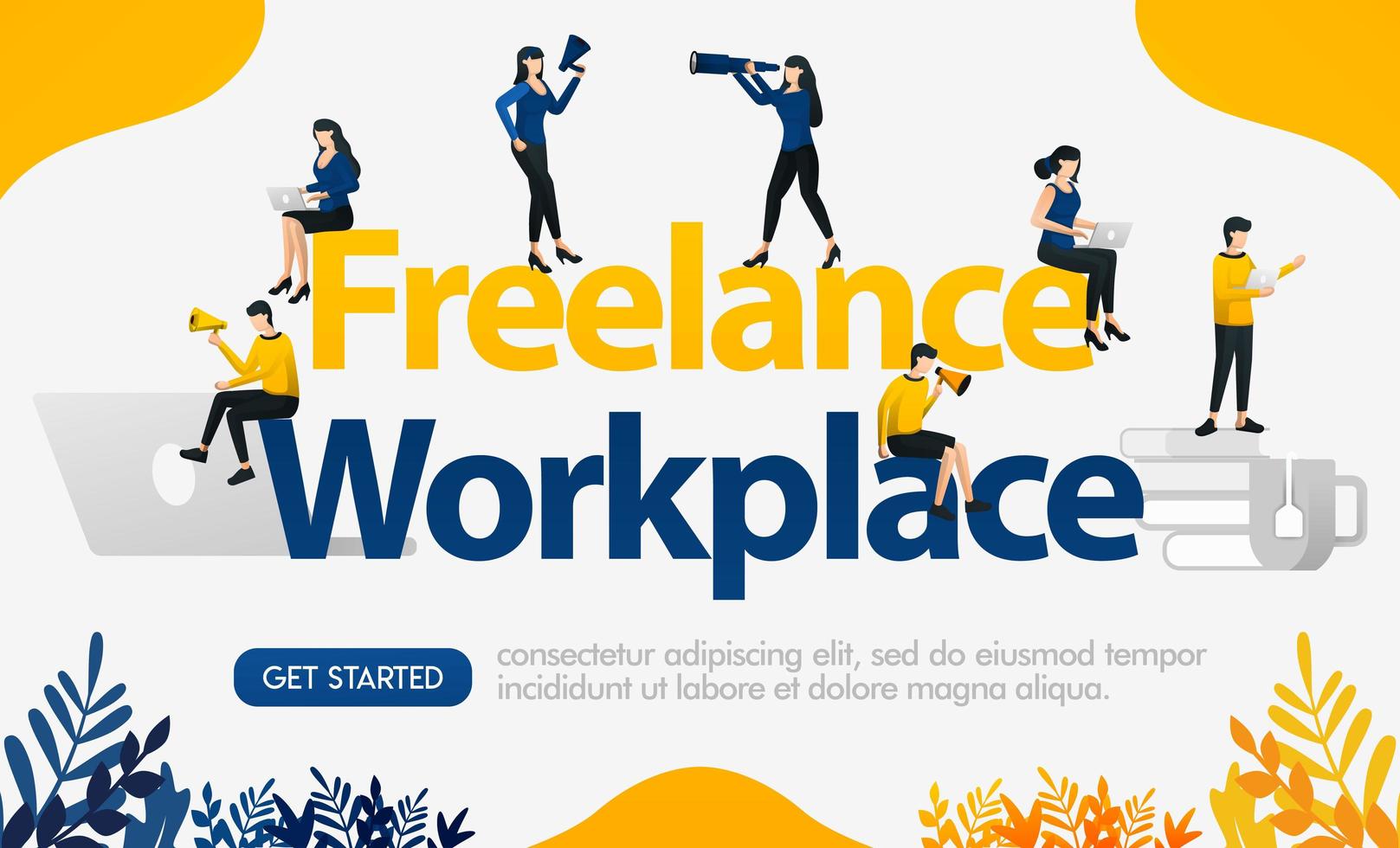 Ads for websites work with freelance method with words FREELANCE WORKPALCE, concept vector ilustration. can use for landing page, template, ui, mobile app, poster, banner, flyer, background, website