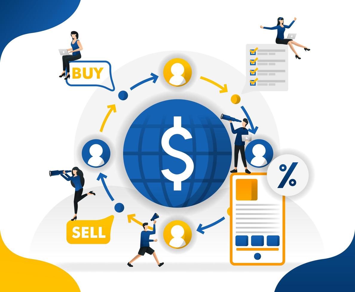 Money circulation and trade in the world. transfer and send currencies from anywhere, concept vector illustration. can use for landing page, template, ui, web, mobile app, poster, banner, background