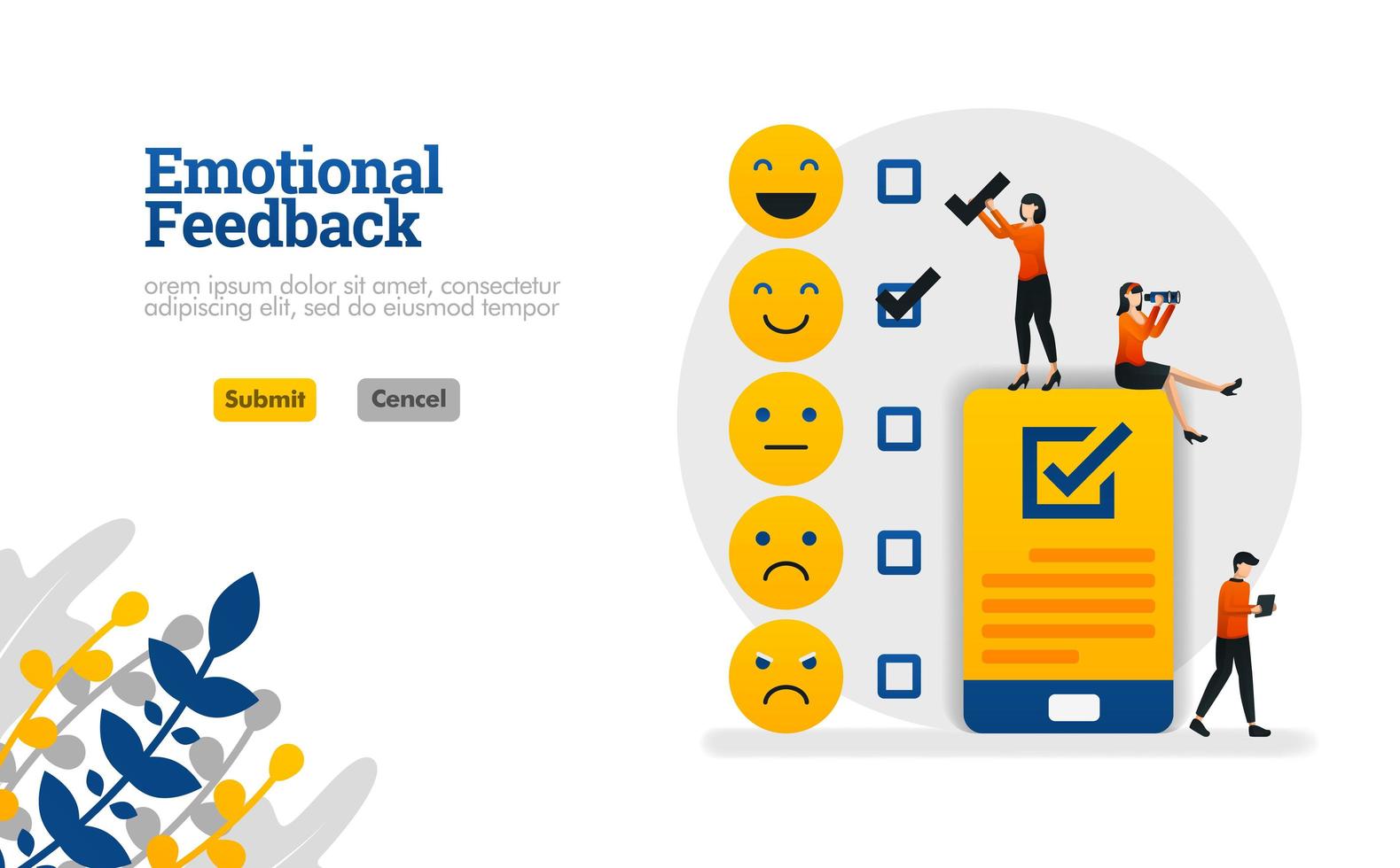 comentarios emocionales con emoticonos y listas de verificación en teléfonos inteligentes, el concepto de ilustración vectorial se puede utilizar para, página de destino, plantilla, ui ux, web, aplicación móvil, póster, banner, sitio web vector