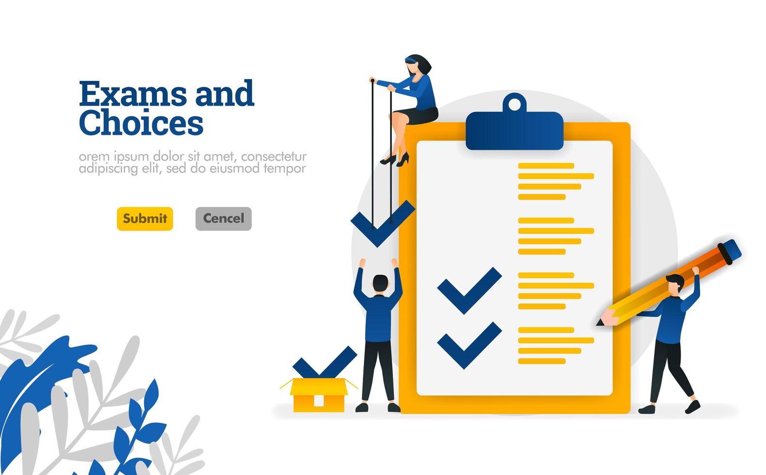 Exams and Choices Flat character for learning and survey consultants vector illustration concept can be use for, landing page, template, ui ux, web, mobile app, poster, banner, website