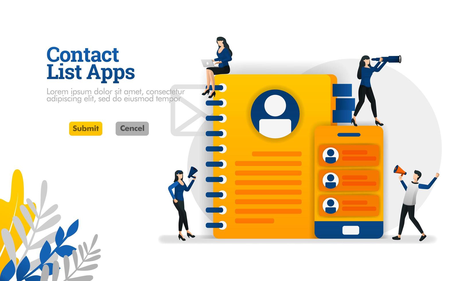 Contact list apps for mobile and reminders equipped with books and smartphones vector illustration concept can be use for, landing page, template, ui ux, web, mobile app, poster, banner, website