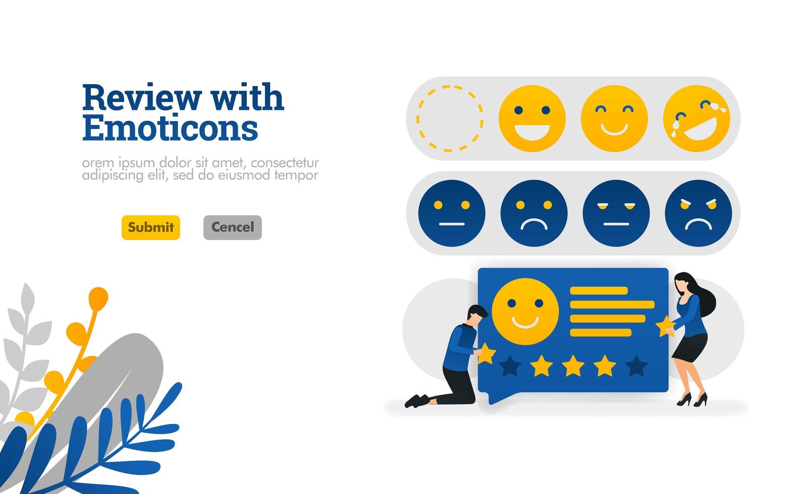 Review with emoticons. people who give ratings and suggestions with emoticons vector illustration concept can be use for, landing page, template, ui ux, web, mobile app, poster, banner, website