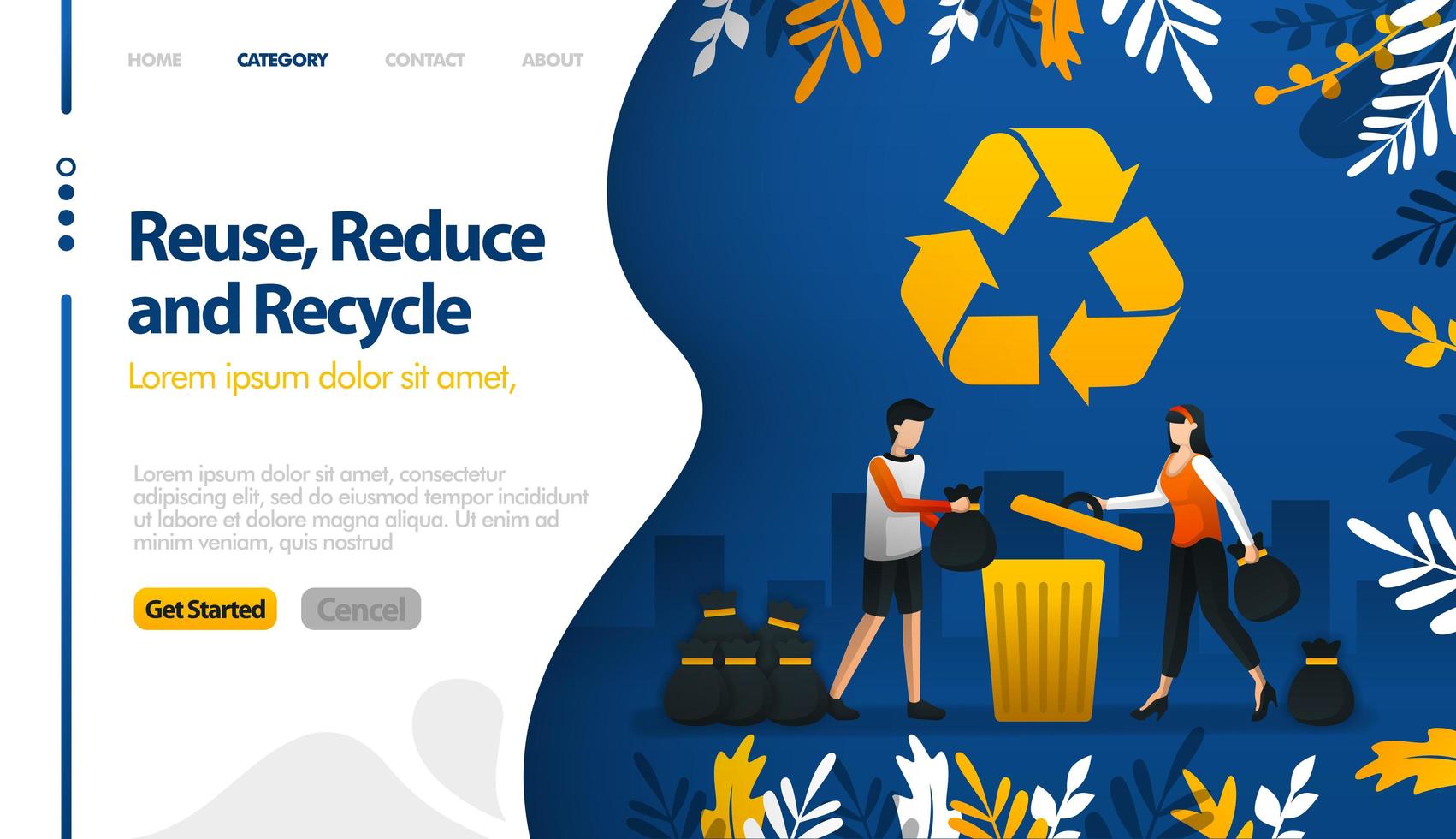 Reuse, Reduce and Recycle with illustrations of trash cans and city garbage piles vector illustration concept can be use for, landing page, template, ui ux, web, mobile app, poster, banner, website