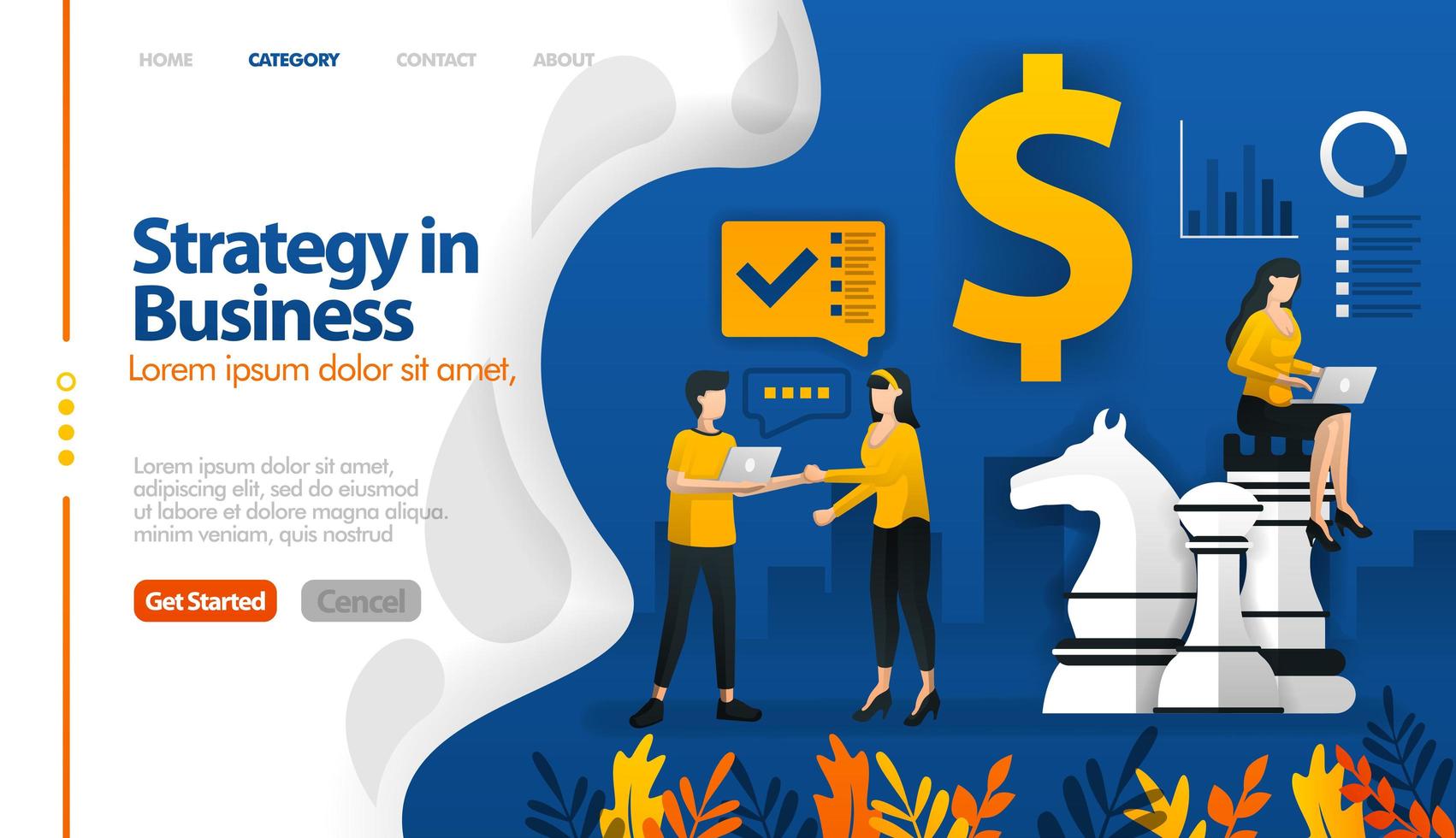 estrategia empresarial con ajedrez y dinero, el concepto de ilustración vectorial de planificación de marketing se puede utilizar para, página de destino, plantilla, ui ux, web, aplicación móvil, póster, banner, sitio web vector