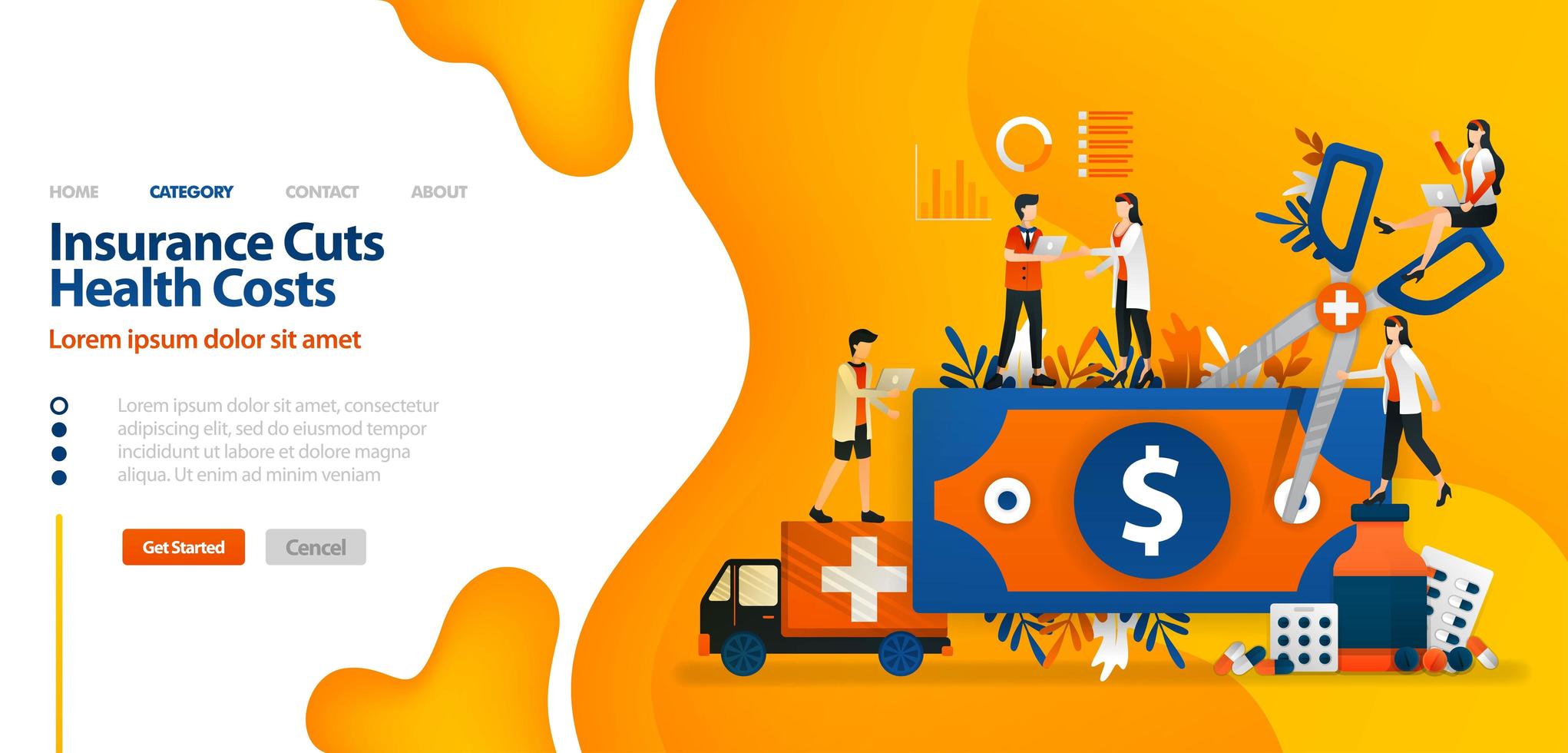 Insurance Cuts Health Costs. money cut with giant scissors. vector illustration concept can be use for landing page, template, ui ux, web, mobile app, poster, banner, website