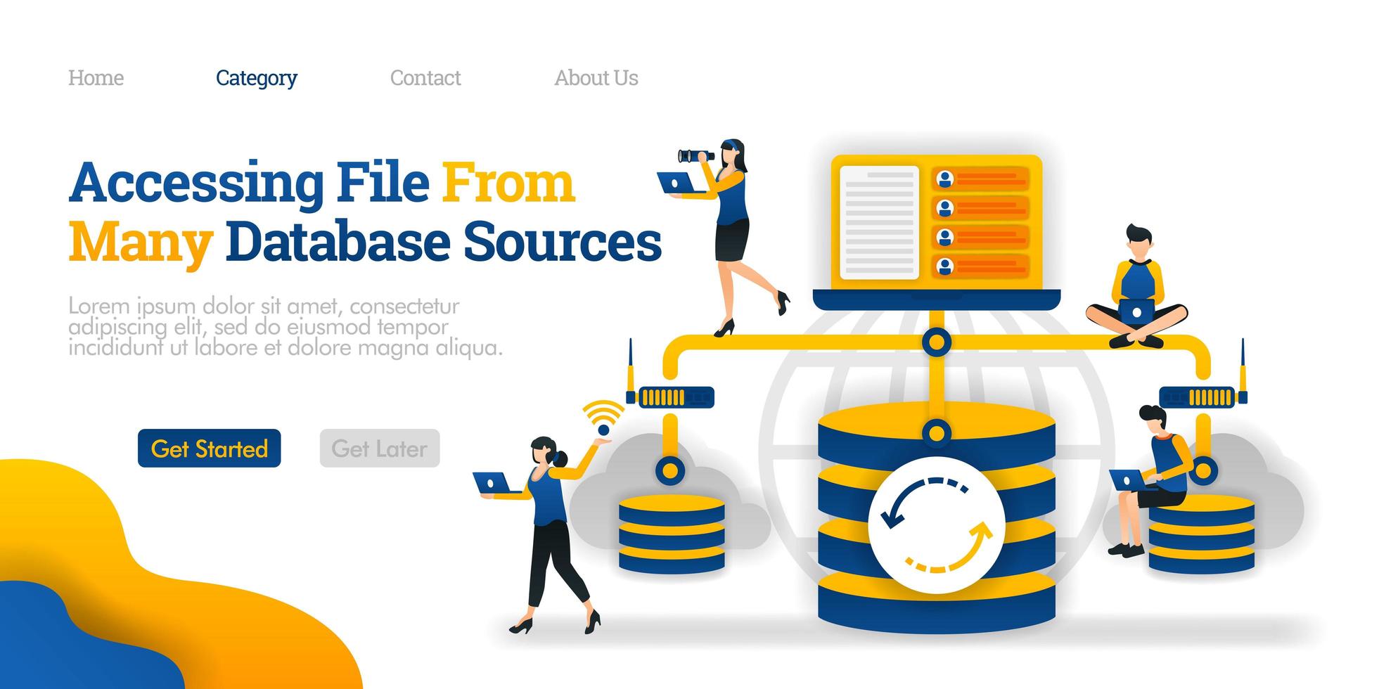Accessing File From Many Database Source. communication between database to personal device. Vector flat illustration concept, can use for, landing page, template, ui, web, homepage, poster, banner