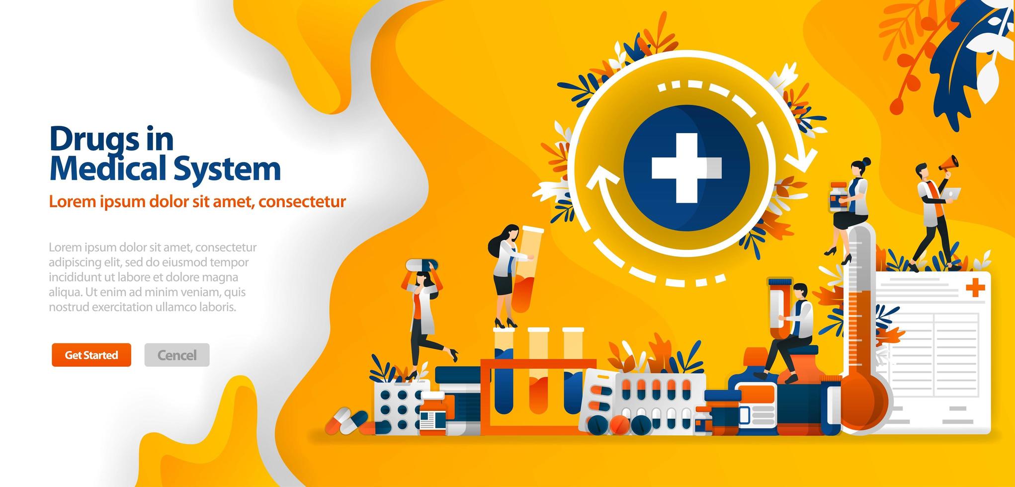 medicamentos en sistemas médicos, medicamentos y equipos médicos y cruzados. El concepto de ilustración vectorial se puede utilizar para la página de destino, plantilla, ui ux, web, aplicación móvil, póster, banner, sitio web vector