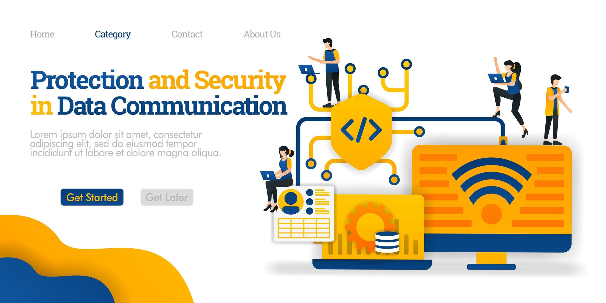 protección y seguridad en la comunicación de datos. proteger la ruta de intercambio de datos para la seguridad del usuario. concepto de ilustración plana vectorial, se puede utilizar para, página de destino, plantilla, web, página de inicio, póster, pancarta, folleto vector