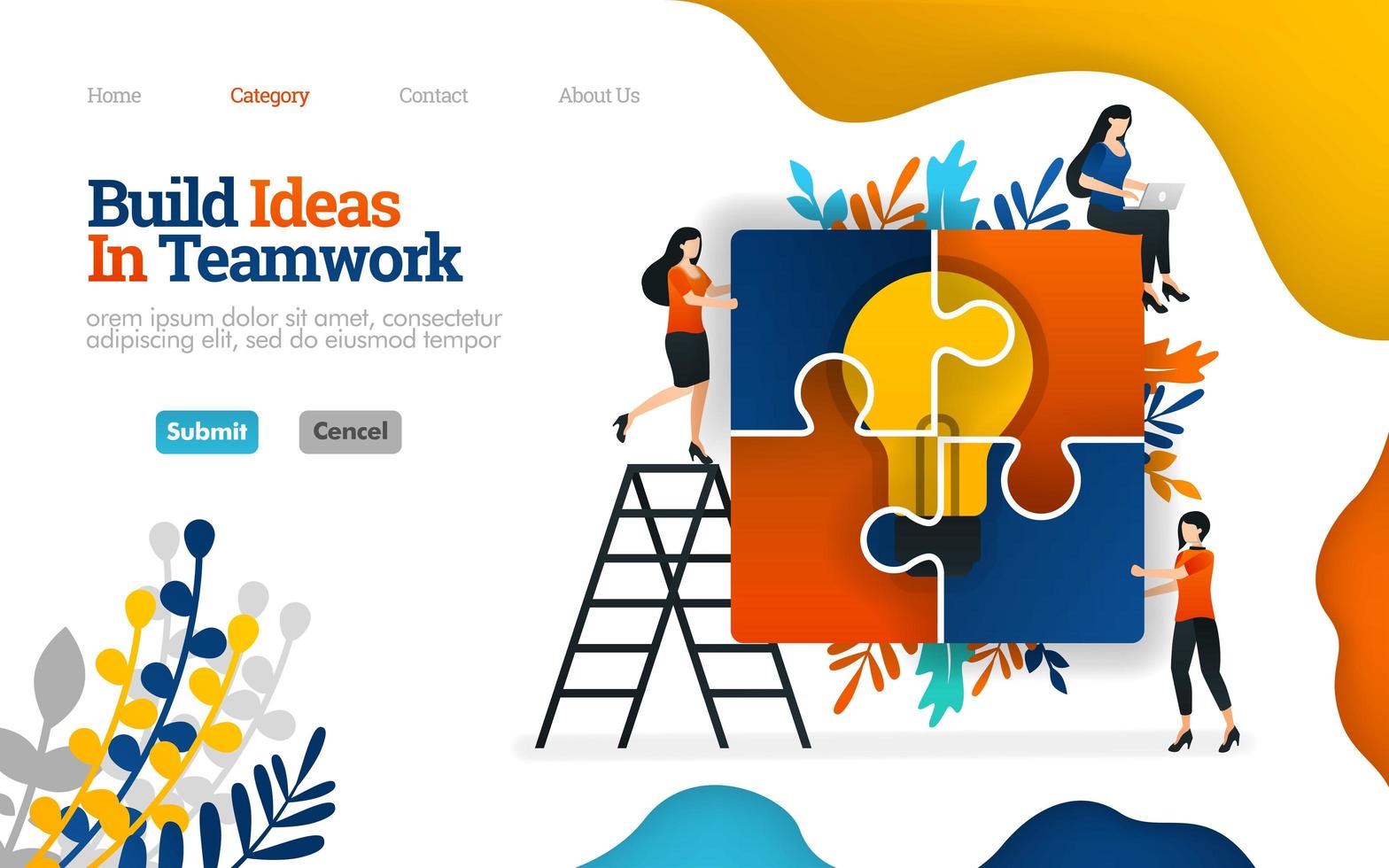 Build Ideas in Team Work, assembling puzzles for inspiration, teamwork for ideas. Vector flat illustration concept , can use for, landing page, template, ui, web, homepage, poster, banner, flyer