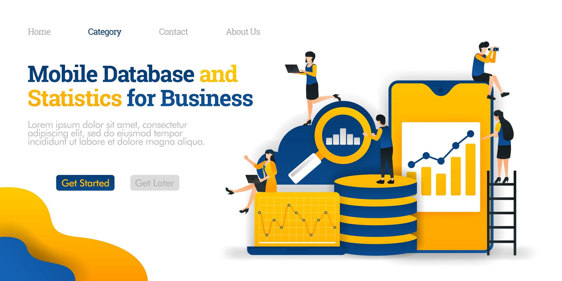 Mobile Database and Statistics for Business, collecting various data in cloud database. Vector flat illustration concept, can use for, landing page, template, ui, web, homepage, poster, banner, flyer