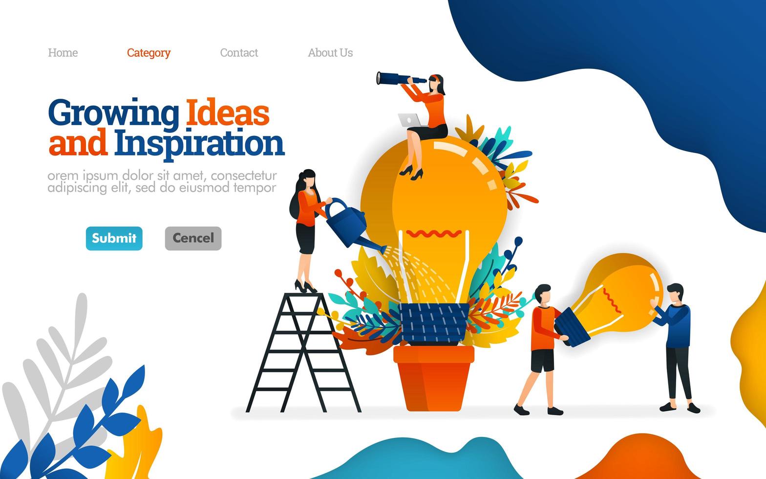 ideas crecientes e inspiración para los negocios. trabajo en equipo para fomentar la inspiración y las ideas. concepto de ilustración plana vectorial, se puede utilizar para, página de destino, plantilla, interfaz de usuario, web, página de inicio, cartel, banner, volante vector