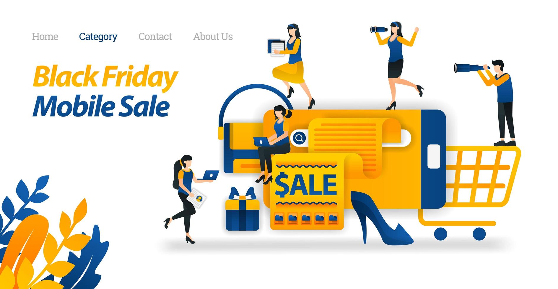 Shop for Black Friday Discounts on Mobile, Search and Find Various Black Friday Sale on Internet. Vector Illustration. Flat Icon Style Suitable for Web Landing Page, Banner, Flyer, Sticker, Wallpaper