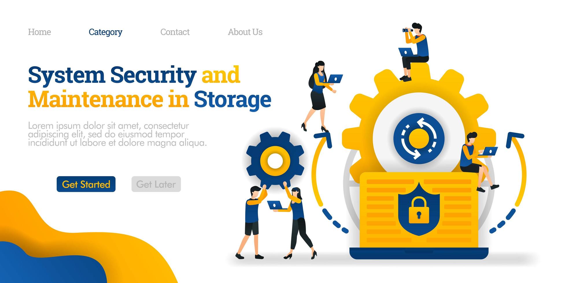 System Security and Maintenance in Storage. system security in maintaining data. Vector flat illustration concept, can use for, landing page, template, ui, web, homepage, poster, banner, flyer