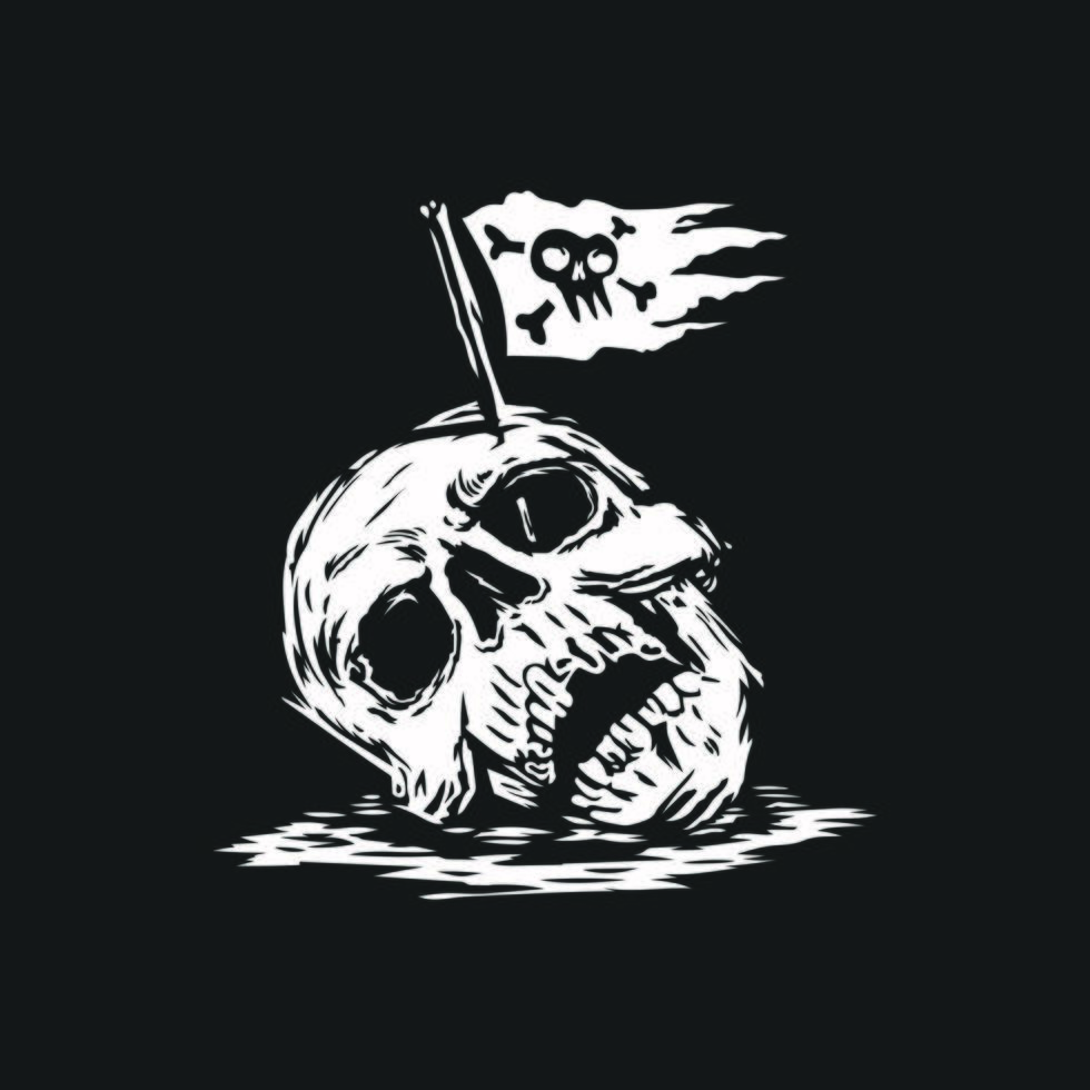 cabeza de calavera con bandera pirata en la cabeza. ilustración vectorial. camiseta, logo, diseño de tatuaje. vector