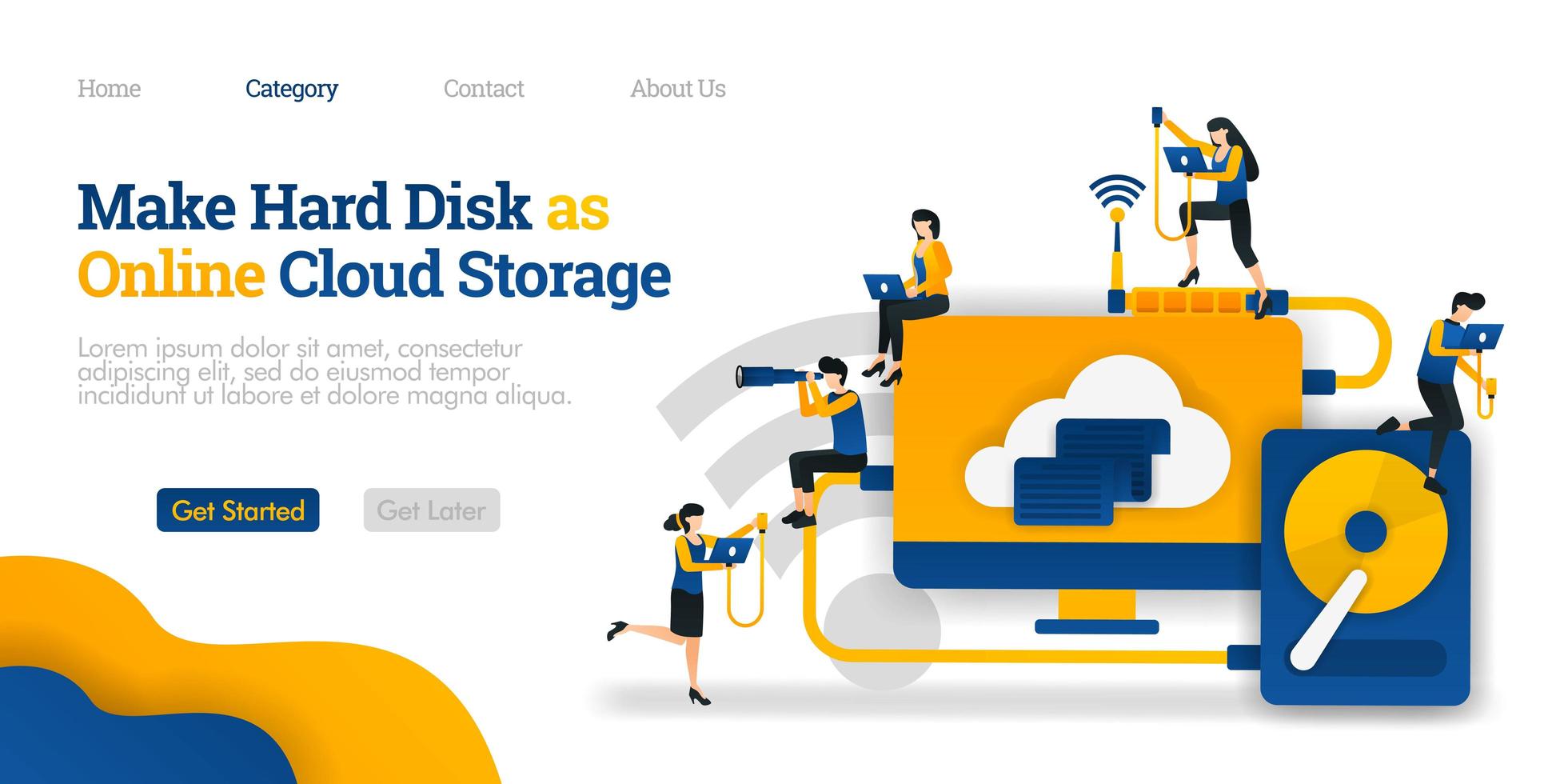 Make Harddisk as Online Cloud Storage. file sharing in hard storage to cloud hosting. Vector flat illustration concept, can use for, landing page, template, ui, web, homepage, poster, banner, flyer