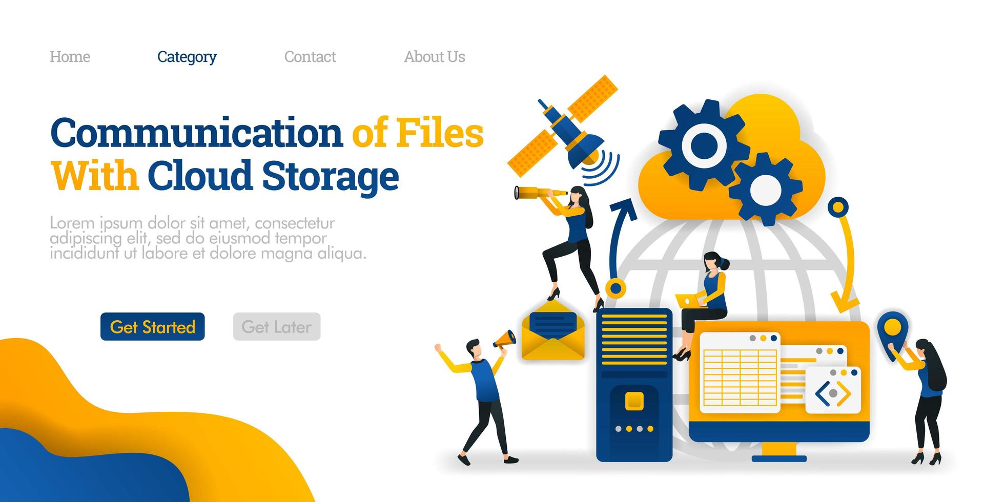 Communication of File With Cloud Storage between personal device, storage and satellite. Vector flat illustration concept, can use for, landing page, template, ui, web, homepage, poster, banner, flyer