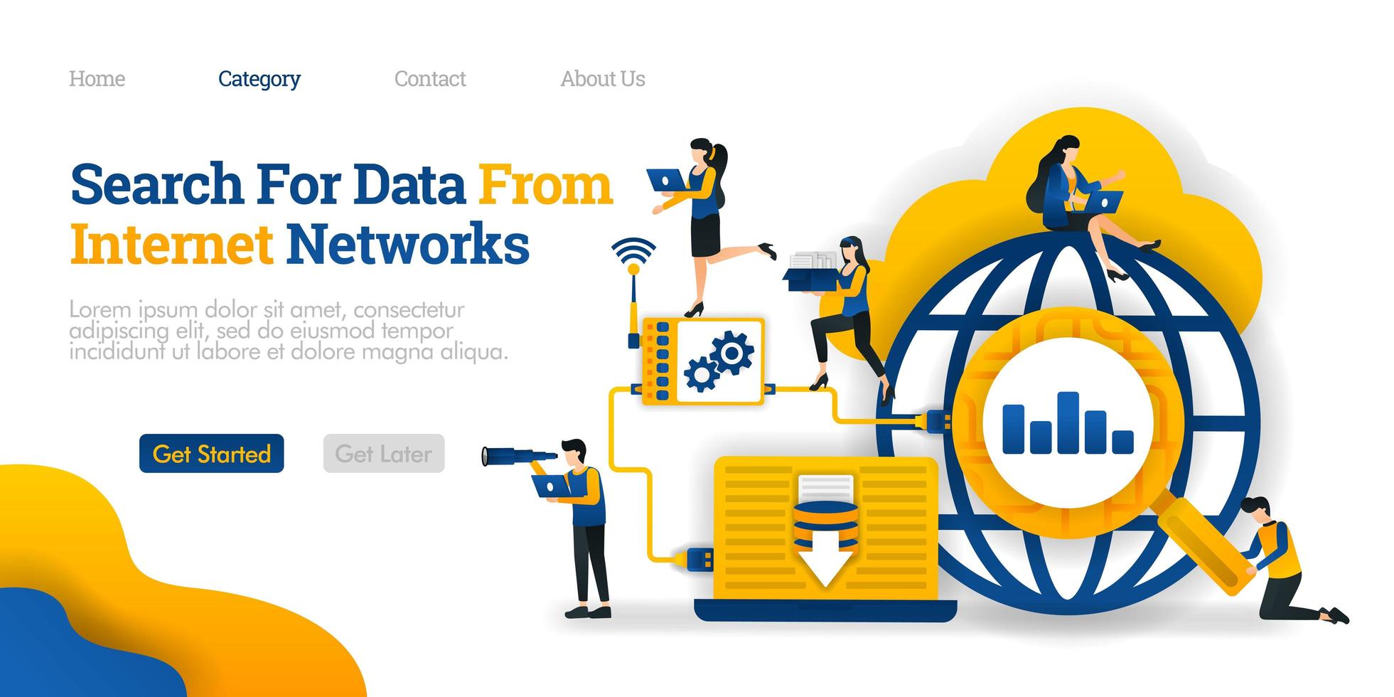 Search For Data From Internet Network. analyze data search results to save to database. Vector flat illustration concept, can use for, landing page, template, ui, web, homepage, poster, banner, flyer